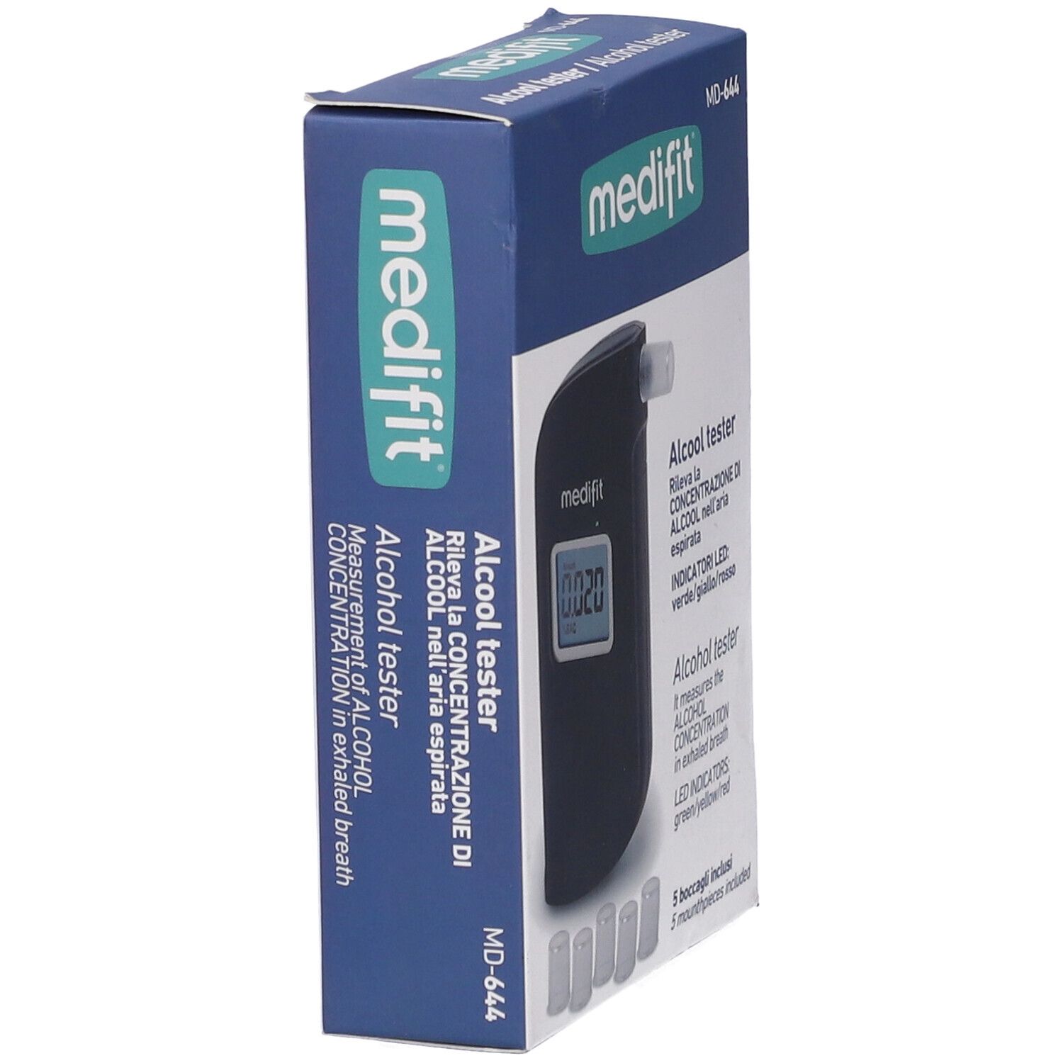 Tester alcolico Medifit in confezione. Scritta: Alcool tester. Cinque boccagli visibili.