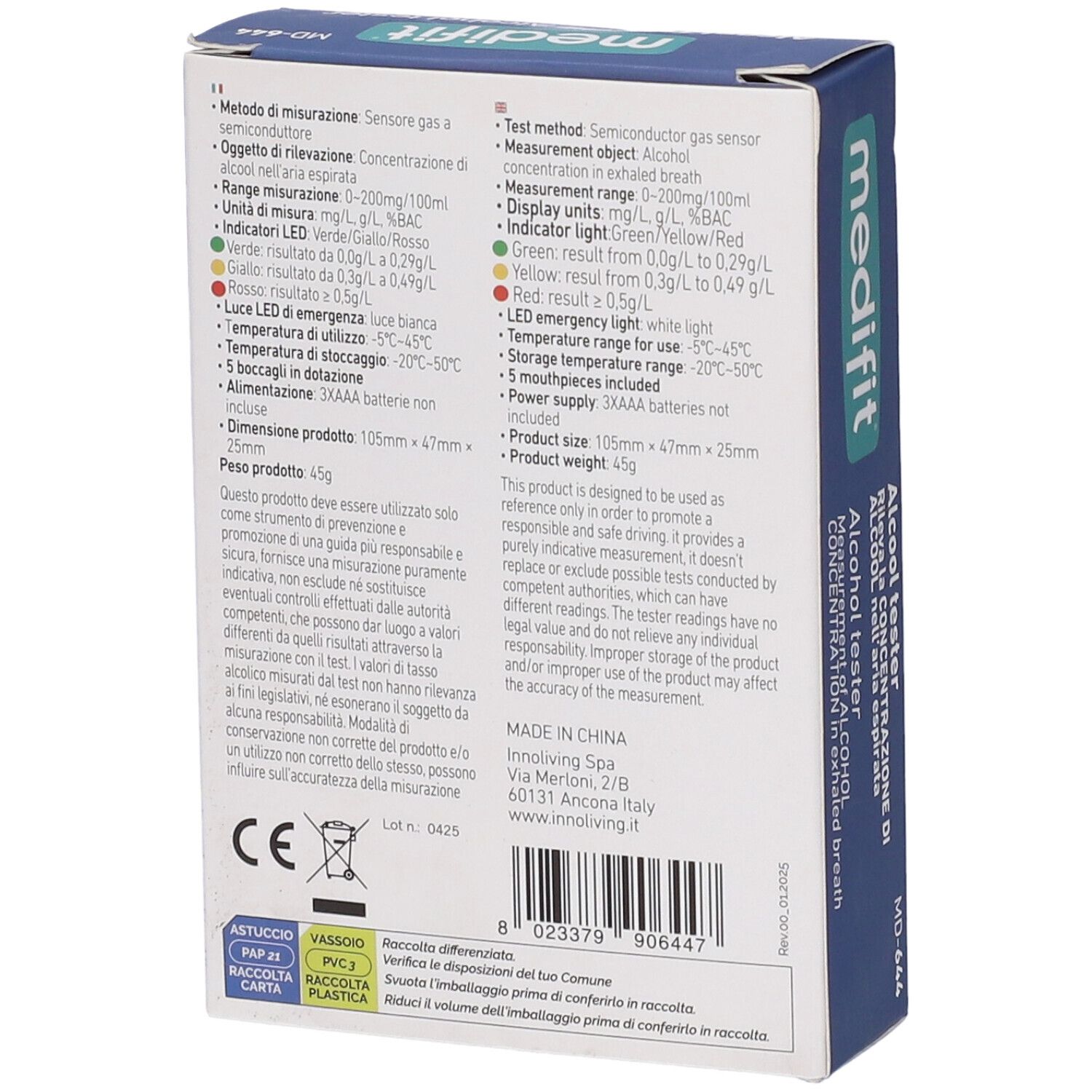 Retro della confezione del tester alcolico Medifit. Testo in italiano e inglese. Marchio CE.
