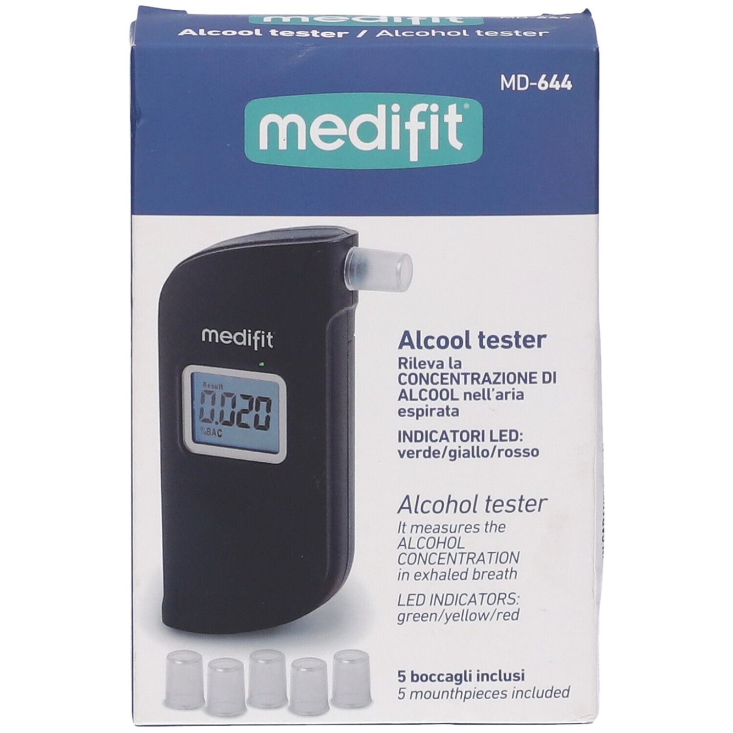 Tester alcolico Medifit in confezione. Scritta: Alcool tester. Cinque boccagli visibili.