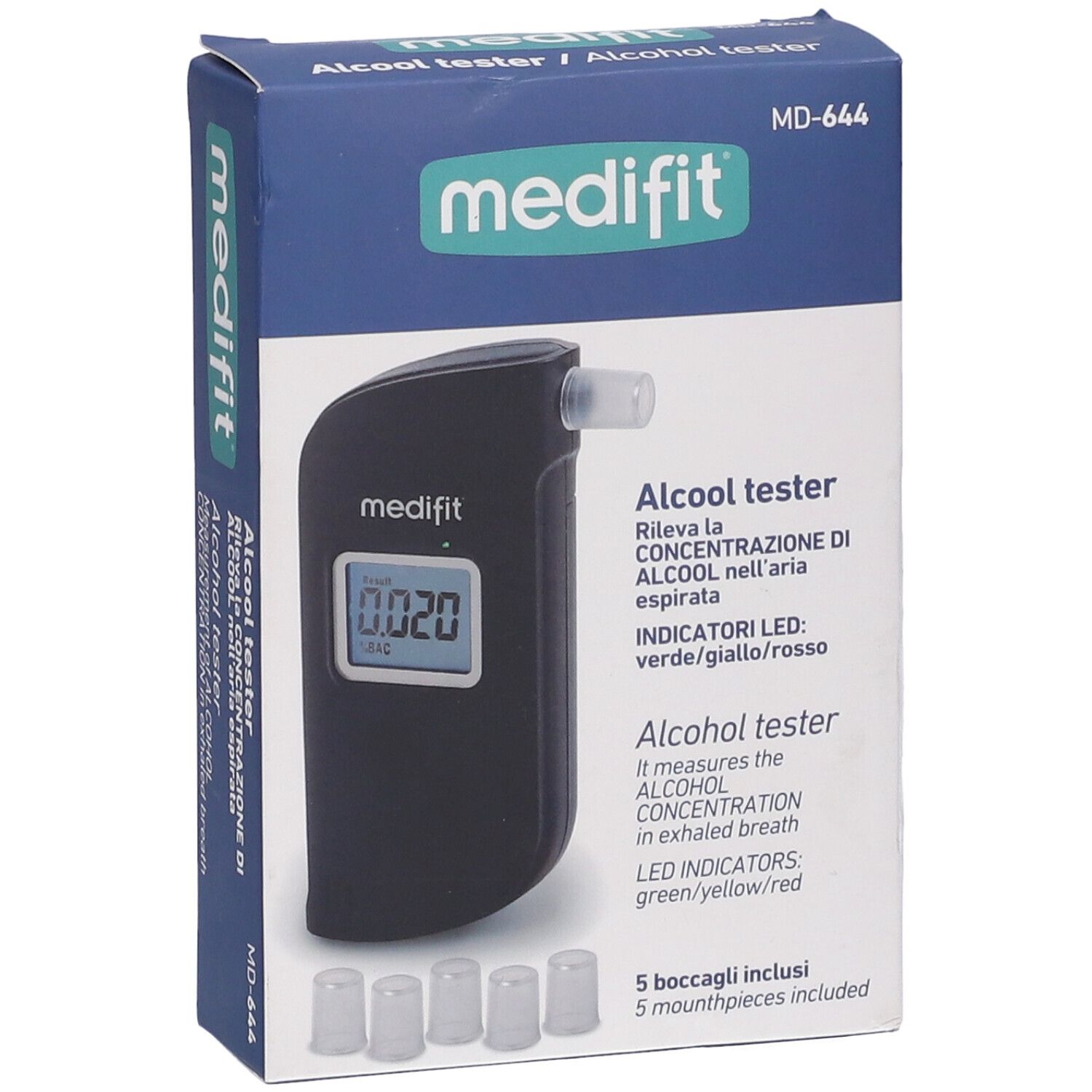 Tester alcolico Medifit in confezione. Scritta: Alcool tester. Cinque boccagli visibili.