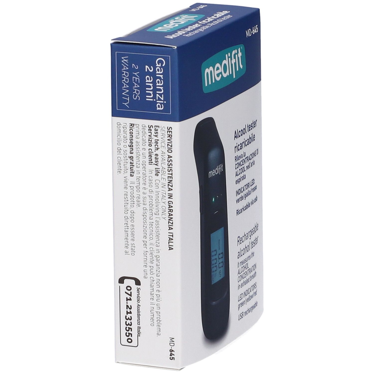 Test alcolico ricaricabile Medifit in confezione. Dispositivo nero. Scatola con garanzia e informazioni di contatto.