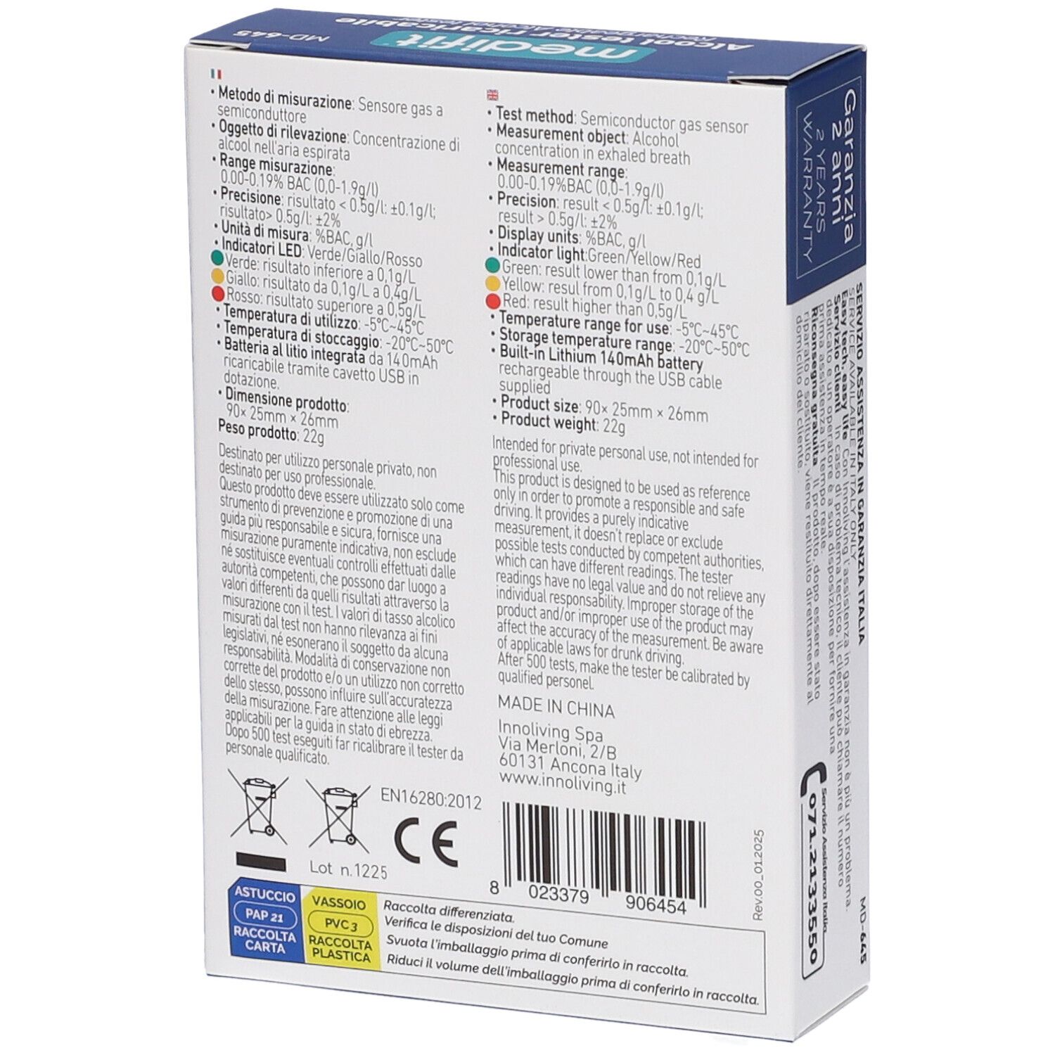 Retro della confezione del test alcolico ricaricabile Medifit. Testo con specifiche tecniche, marchio CE e simboli di riciclaggio.