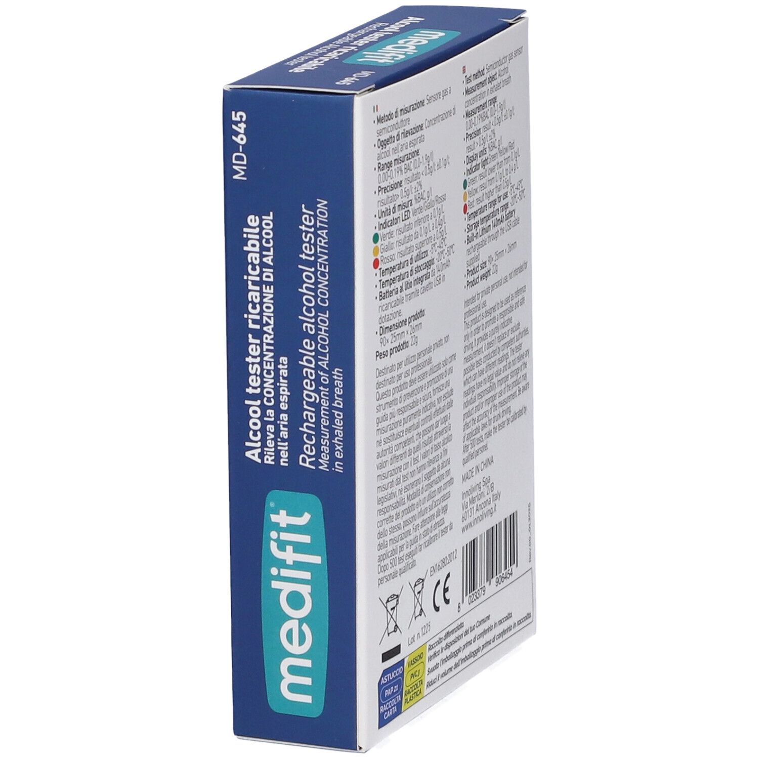 Confezione del test alcolico ricaricabile Medifit. Scatola blu con nome del prodotto e informazioni tecniche.