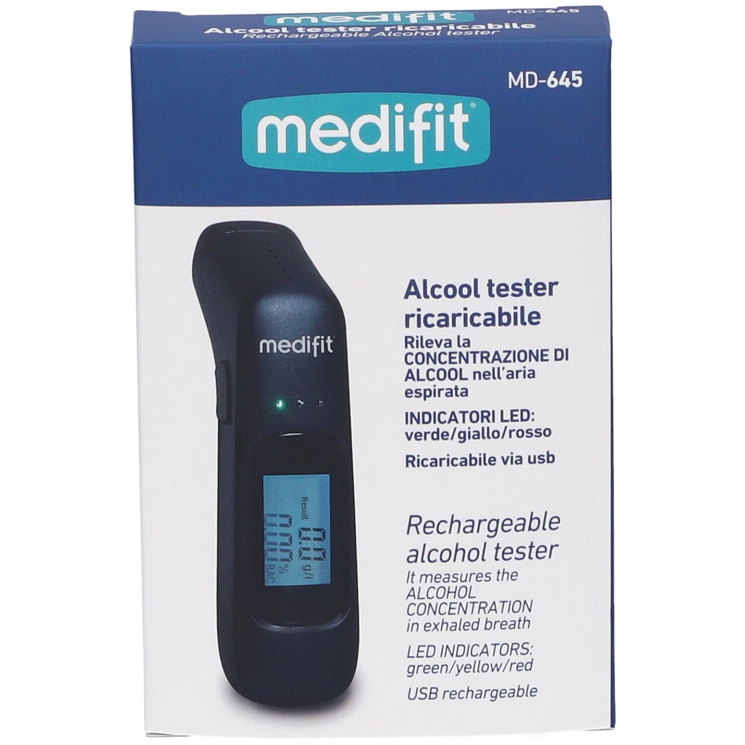 Test alcolico ricaricabile Medifit in confezione. Dispositivo nero con display e LED verde. Scatola blu.