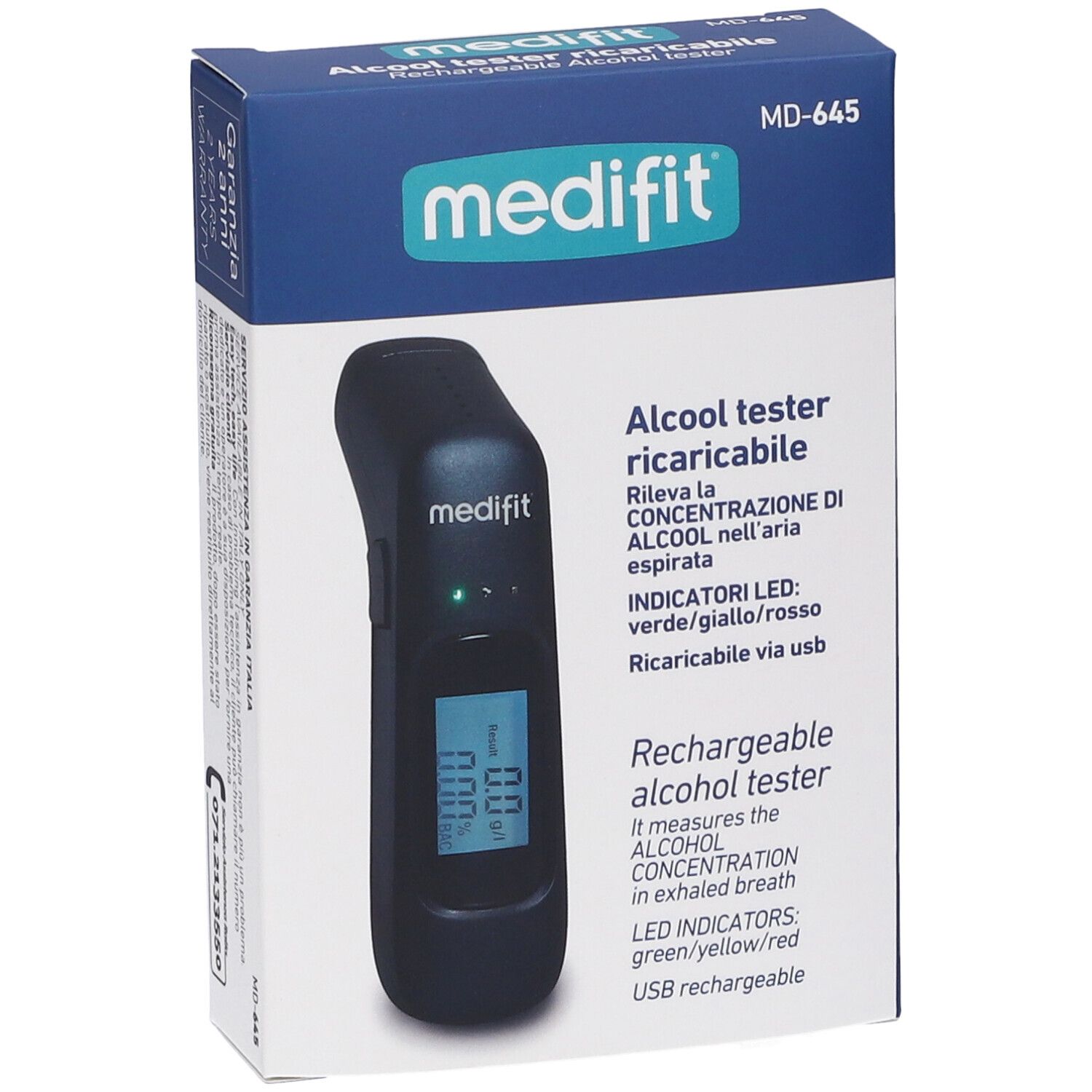 Test alcolico ricaricabile Medifit in confezione. Dispositivo nero con display e LED verde. Scatola blu.