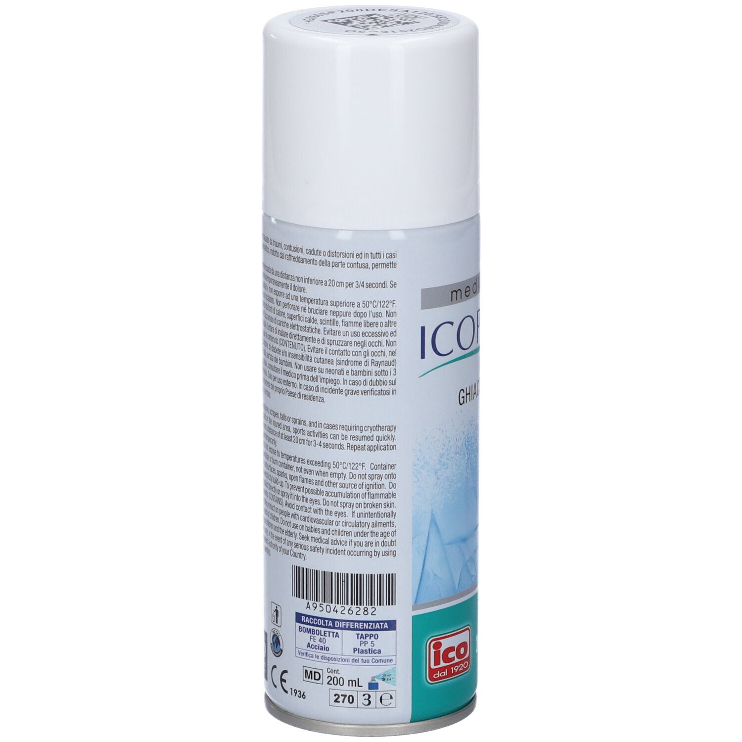 Retro della bomboletta spray. Testo con informazioni sul prodotto. Logo: ico. Volume: 200 ml. Marchio CE.