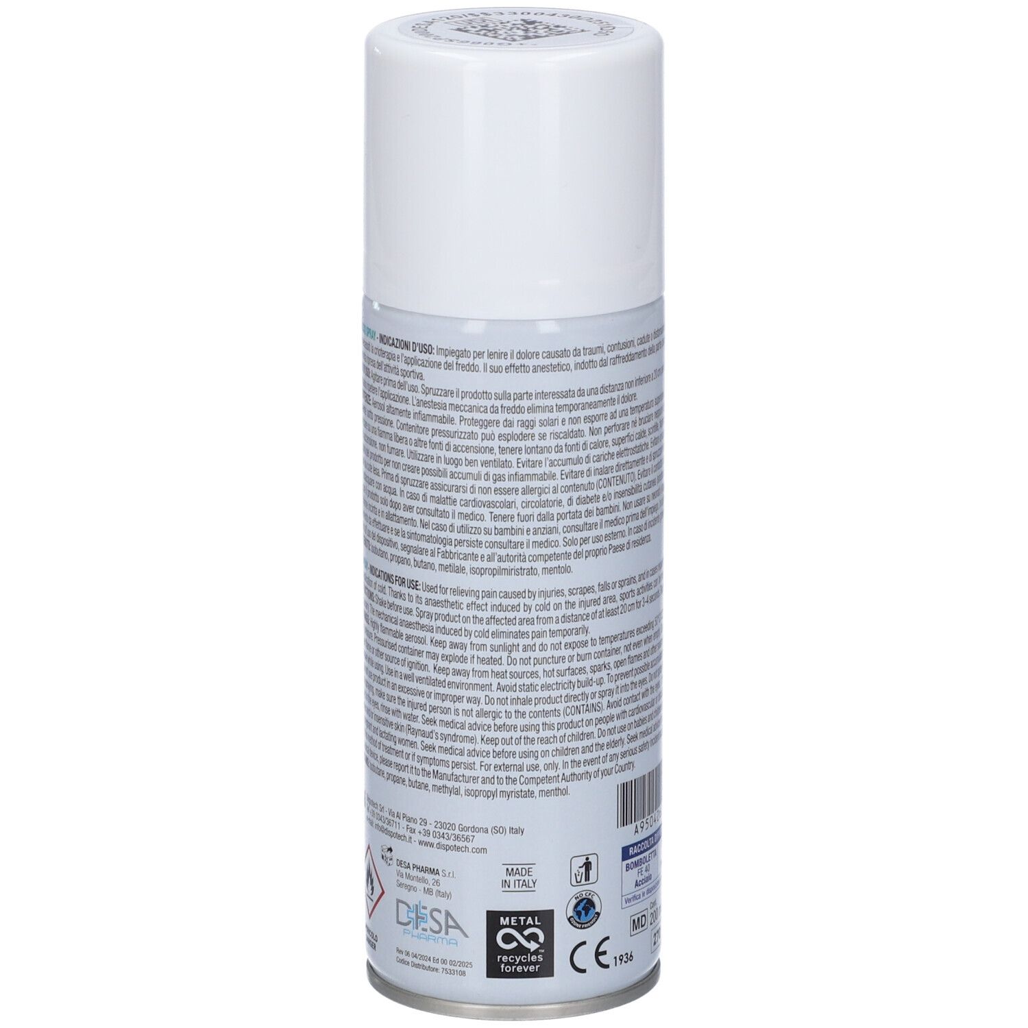 Retro della bomboletta spray. Testo con informazioni sul prodotto. Loghi: DESA, riciclo. Marchio CE.