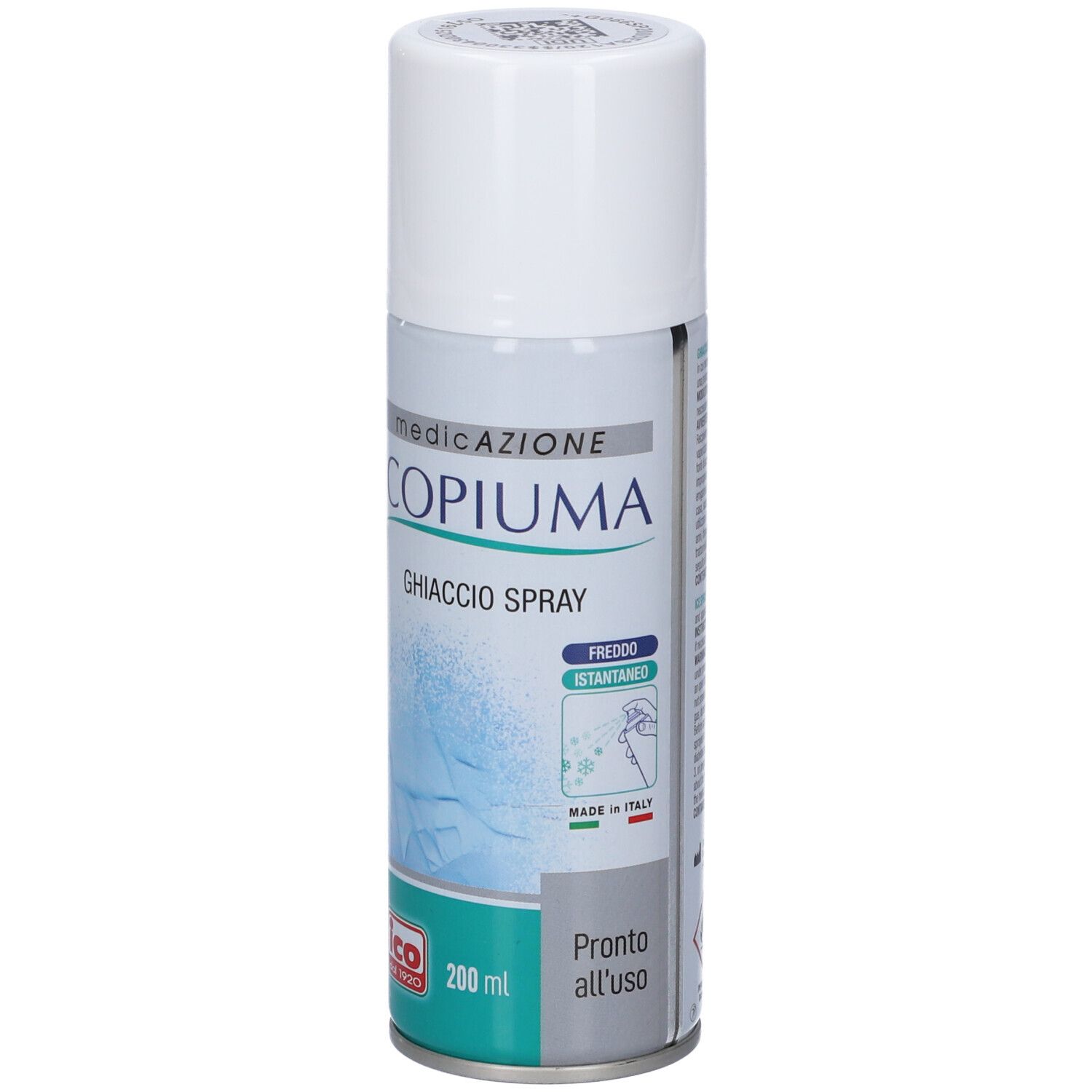 Bomboletta spray con tappo bianco. Scritta: Icopiuma Ghiaccio Spray. Logo: ico. Volume: 200 ml. Made in Italy.