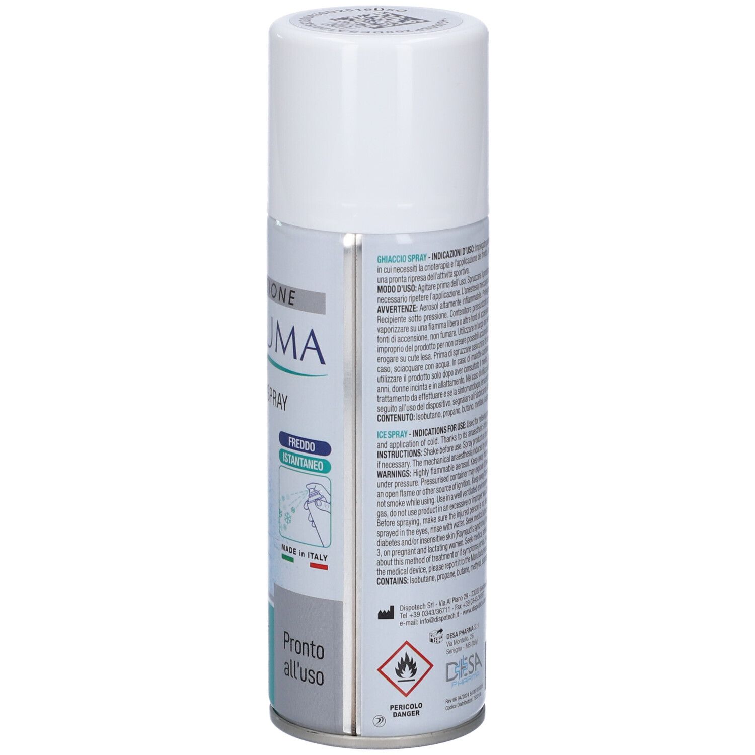 Bomboletta spray con tappo bianco. Scritta: Icopiuma Ghiaccio Spray. Logo: ico. Volume: 200 ml. Made in Italy.