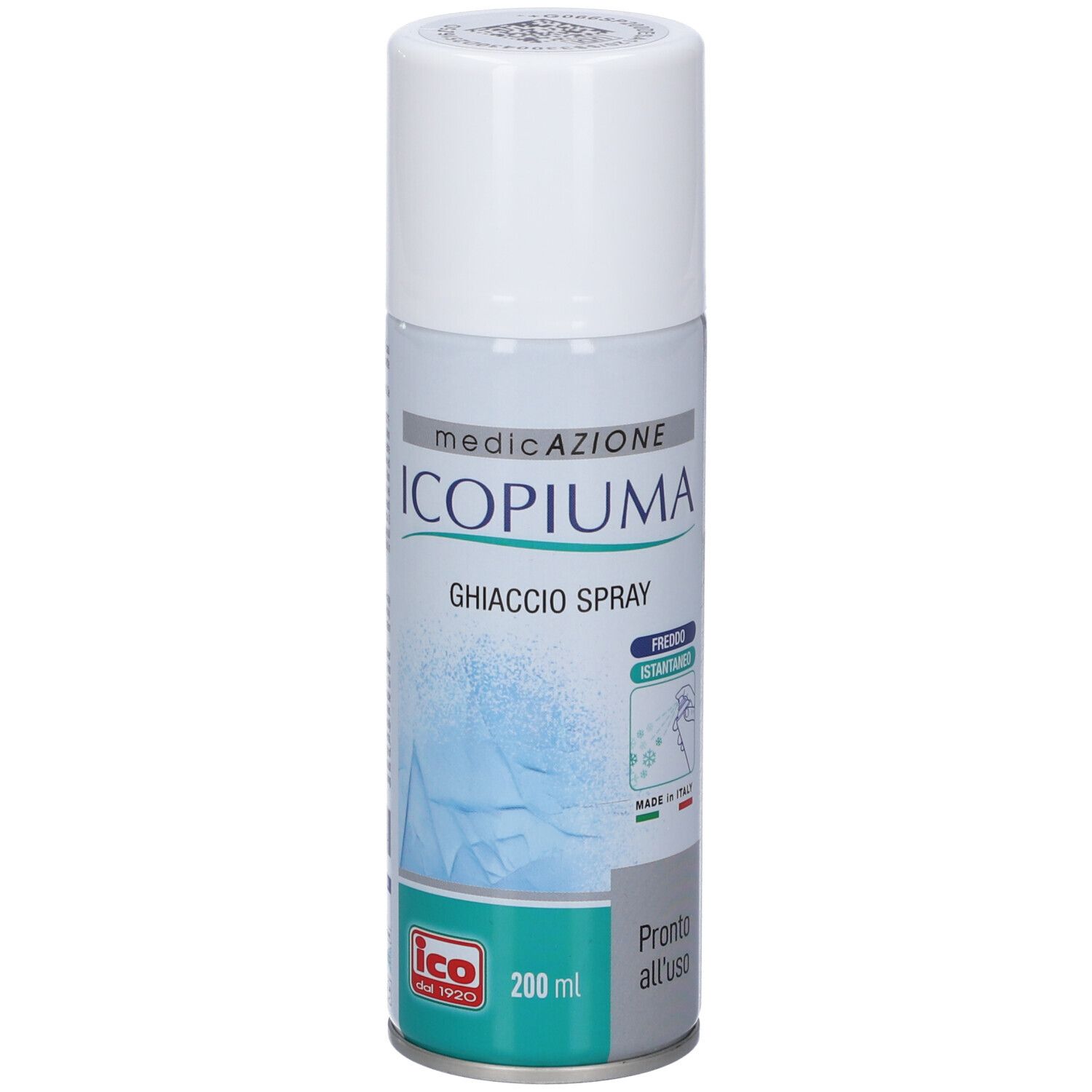 Bomboletta spray cilindrica con tappo bianco. Scritta: Icopiuma Ghiaccio Spray. Logo: ico. Volume: 200 ml.