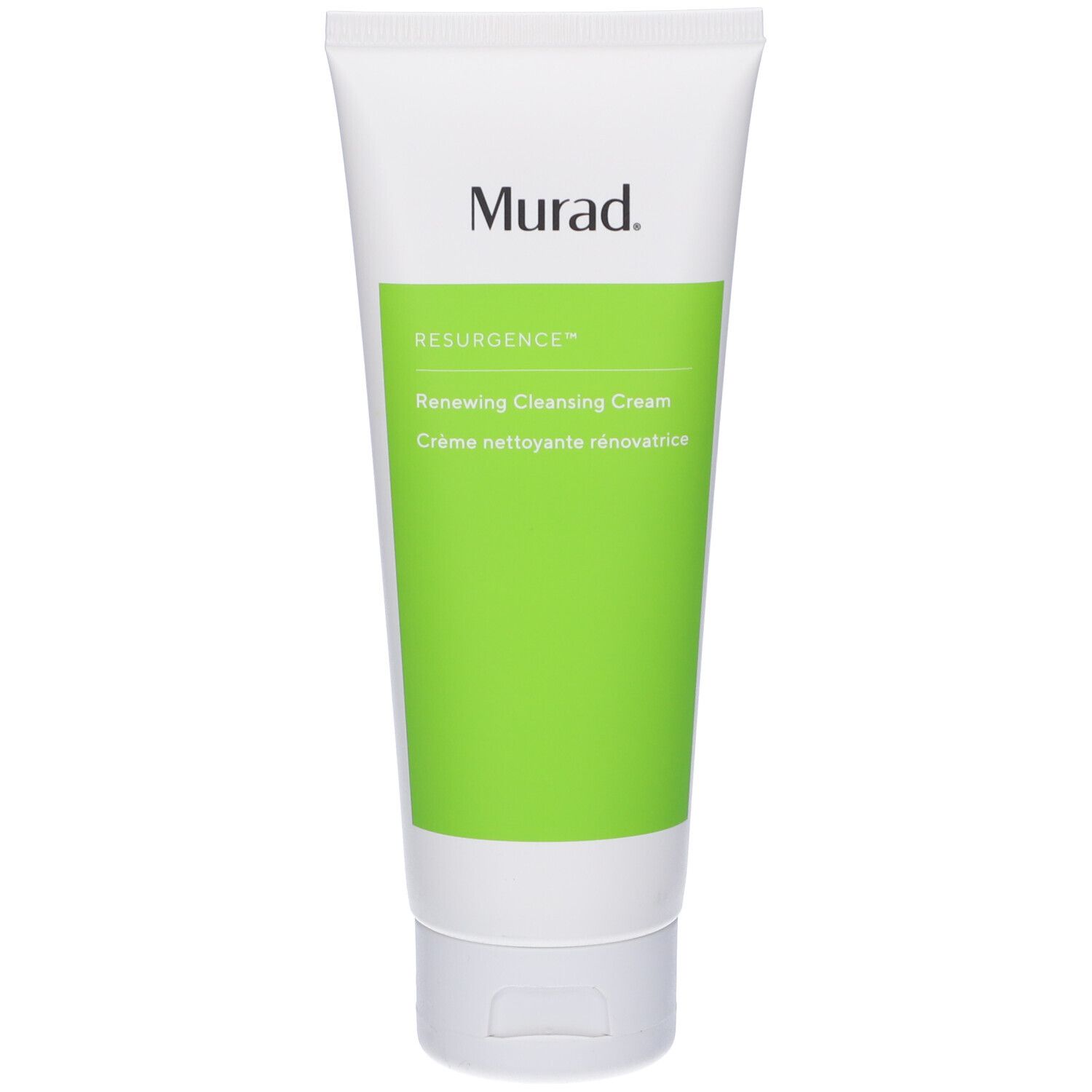 Tubo bianco con fascia verde. Logo Murad e nome prodotto: Renewing Cleansing Cream. Scritta: Resurgence.