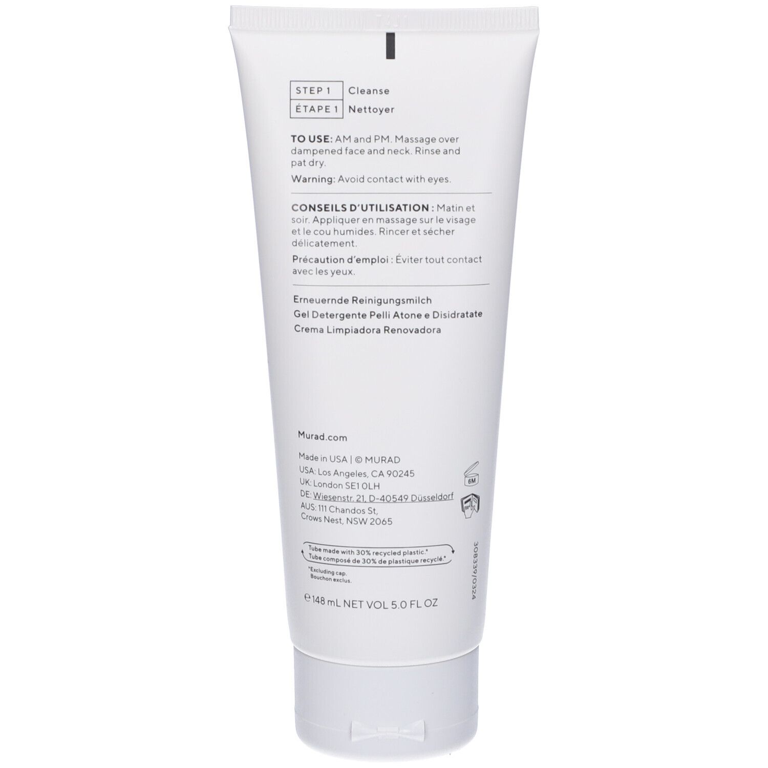 Retro del tubo. Testo multilingue. Nome prodotto: Renewing Cleansing Cream. Istruzioni e avvertenze.