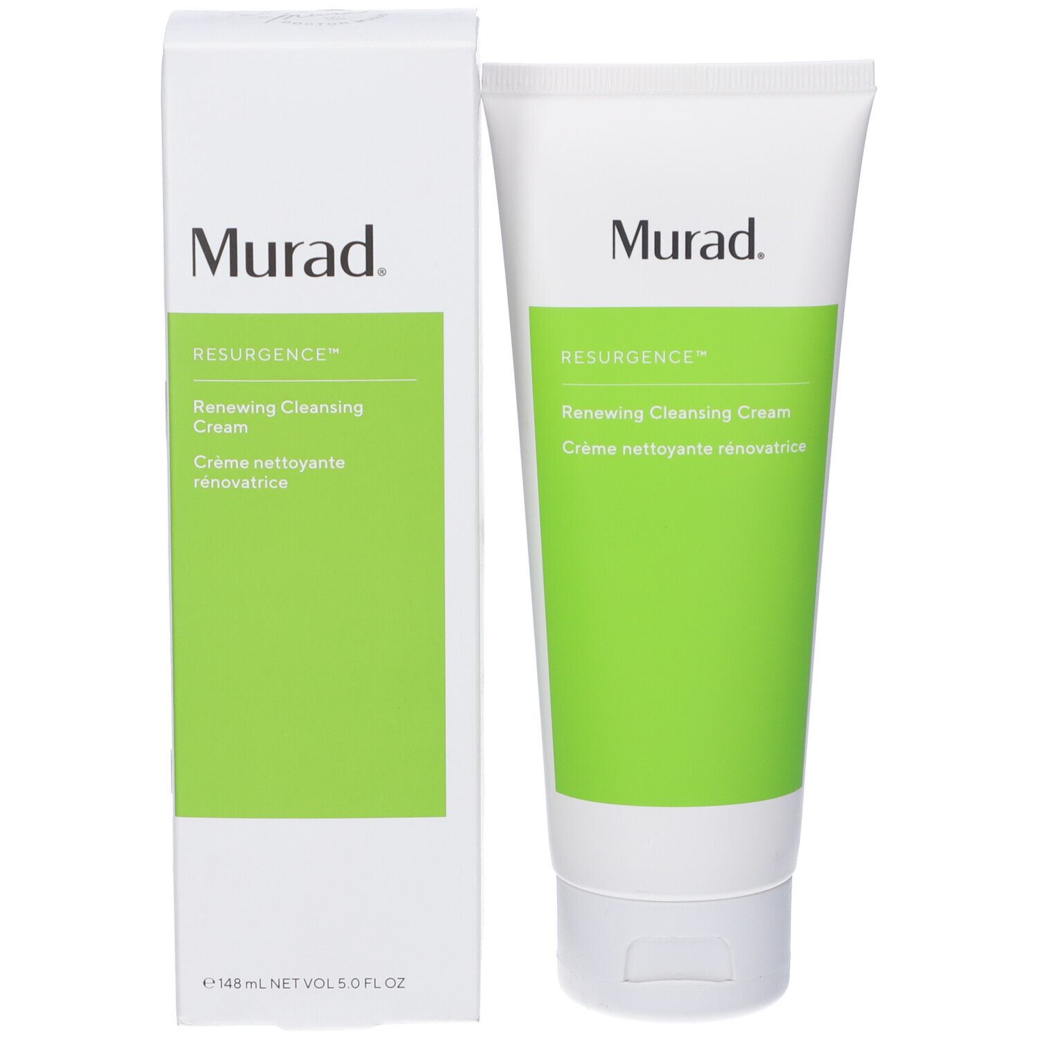 Confezione e tubo del prodotto. Scatola bianca e tubo con fascia verde. Logo Murad e nome del prodotto.