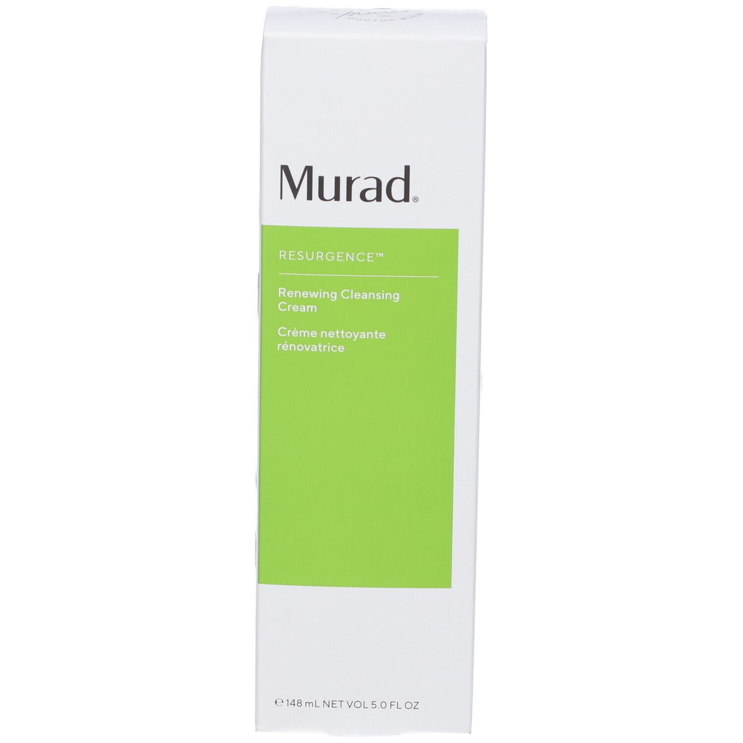 Confezione bianca del prodotto. Logo Murad, nome prodotto: Renewing Cleansing Cream. Fascia verde.