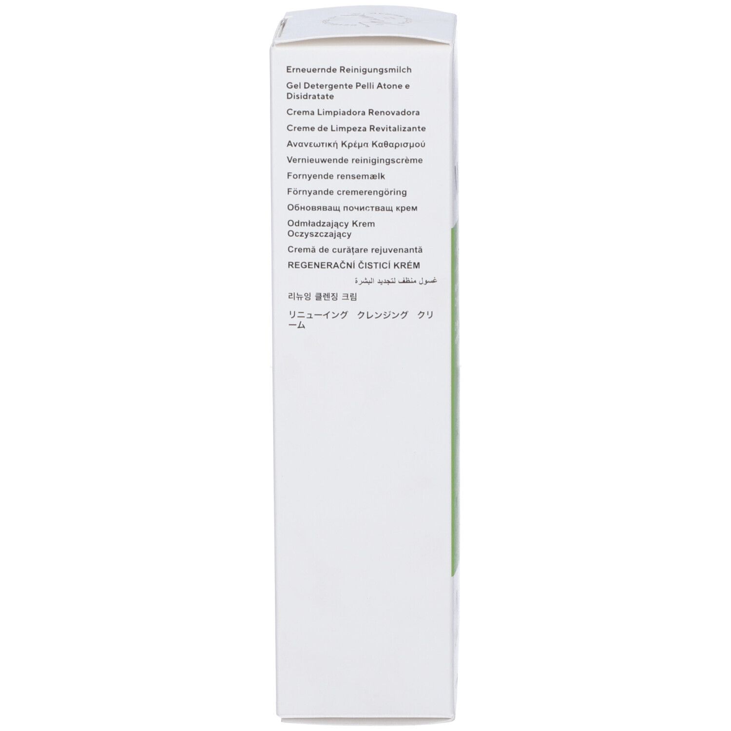 Lato della confezione del prodotto. Testo multilingue. Nome prodotto: Renewing Cleansing Cream.
