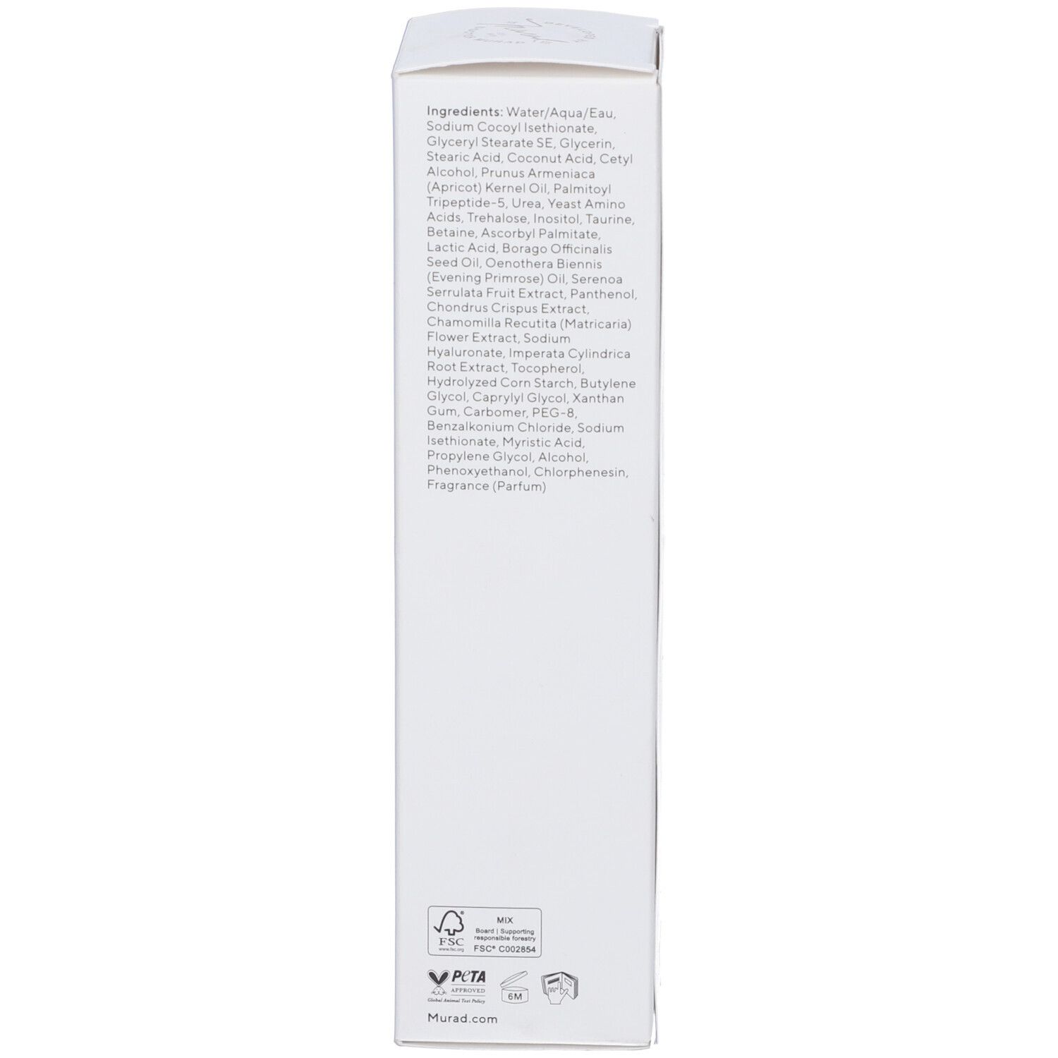 Retro della confezione del prodotto. Ingredienti e informazioni in più lingue.