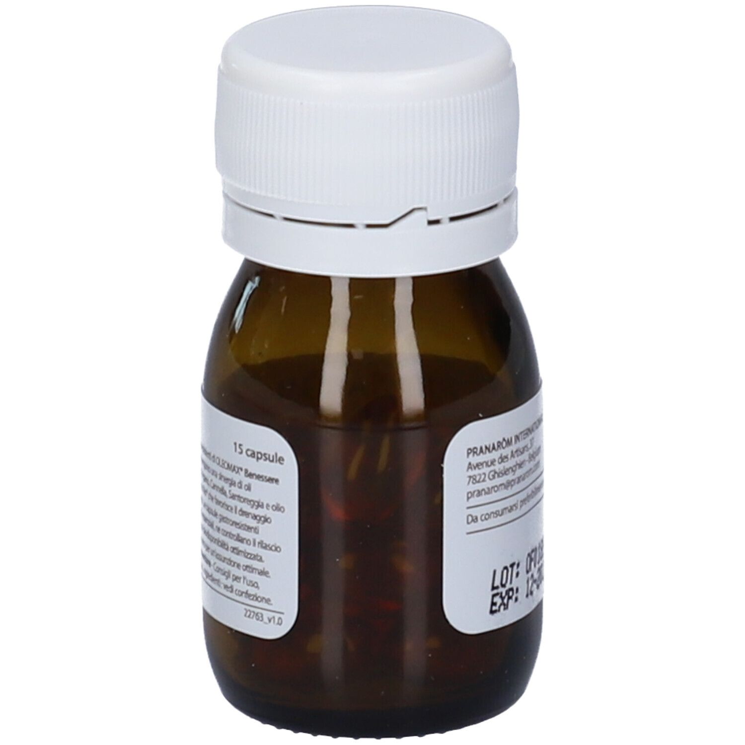Vista laterale di un flacone in vetro ambrato con etichetta che indica 15 capsule.