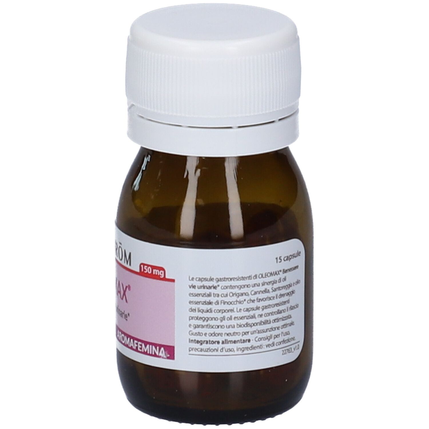 Flacone in vetro ambrato con etichetta che indica 150 mg e 15 capsule.
