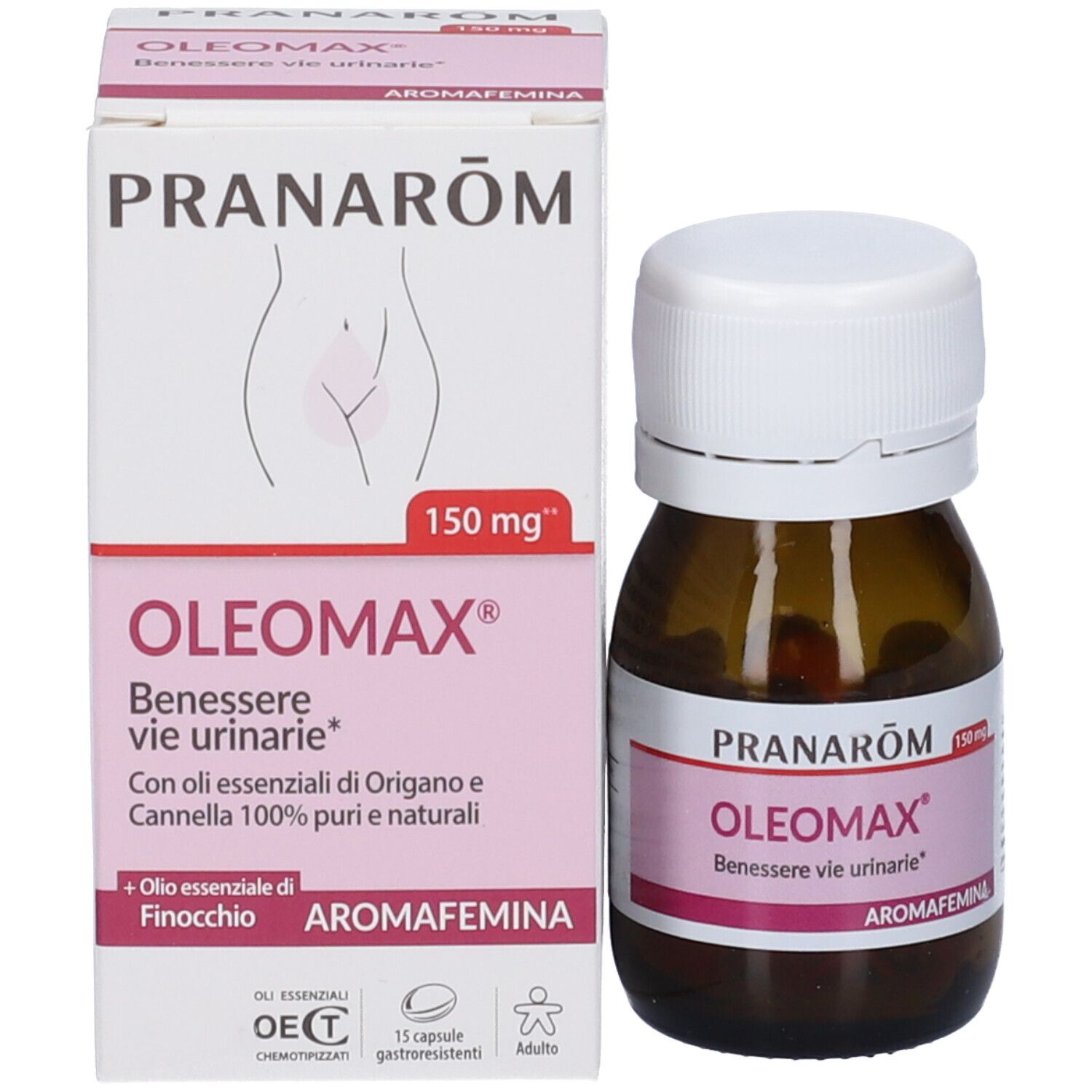 Confezione e flacone Pranarom Oleomax Benessere vie urinarie.