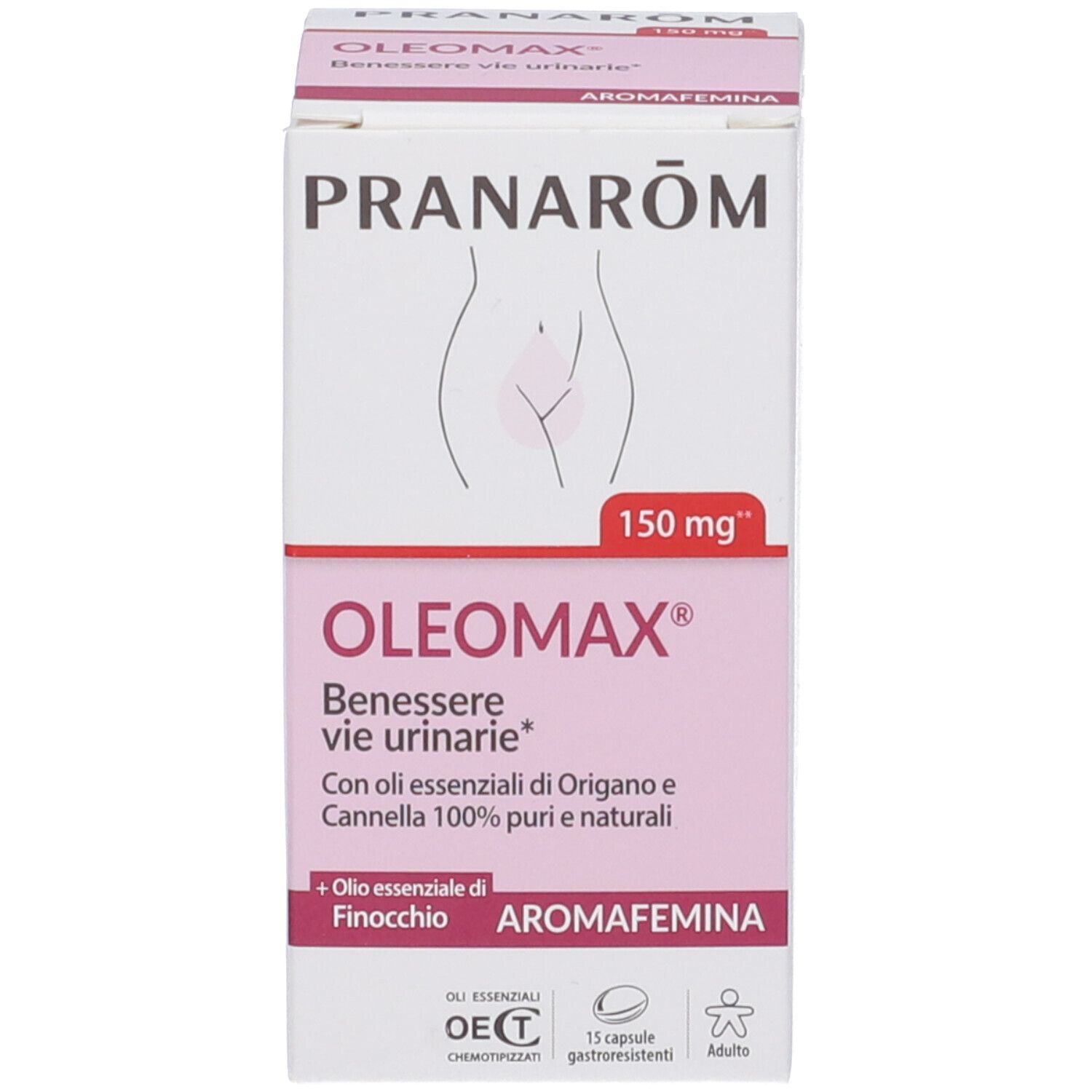 Confezione Pranarom Oleomax Benessere vie urinarie con 15 capsule.