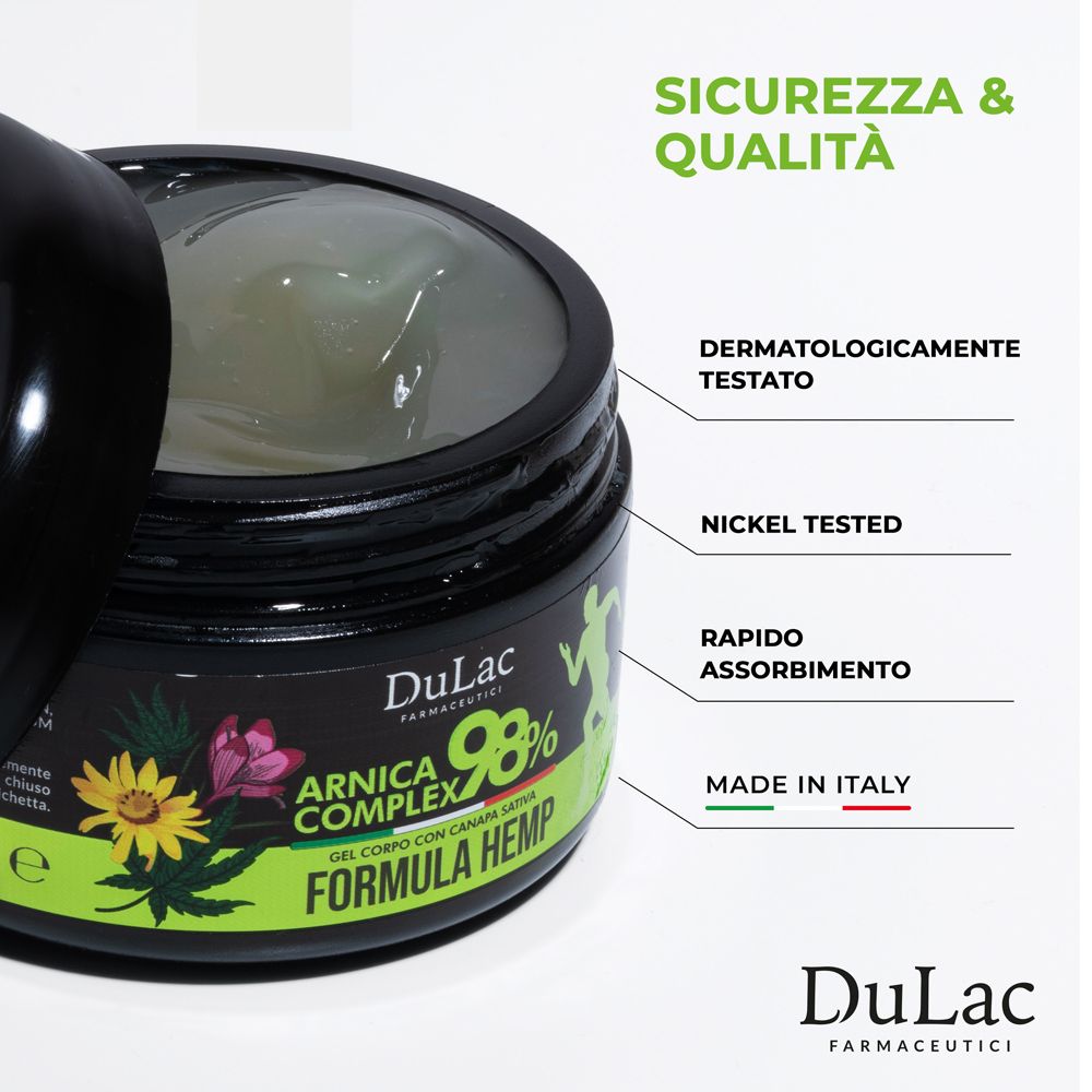 Barattolo nero con etichetta. Scritta: Arnica Complex 98% Formula Hemp. Logo: DuLac. Testo: Dermatologicamente testato, Made in Italy.