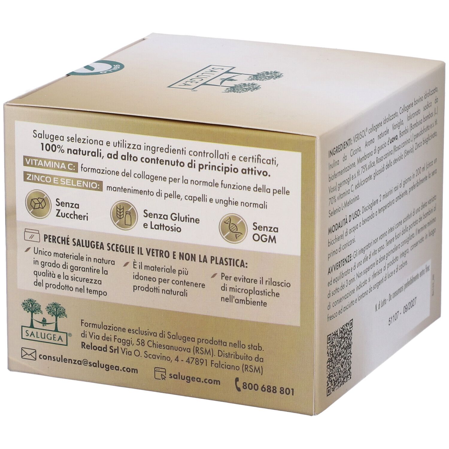 Lato scatola Salugea Luxgea Pelle. Informazioni sugli ingredienti e certificazioni. Senza zuccheri, glutine, lattosio, OGM.