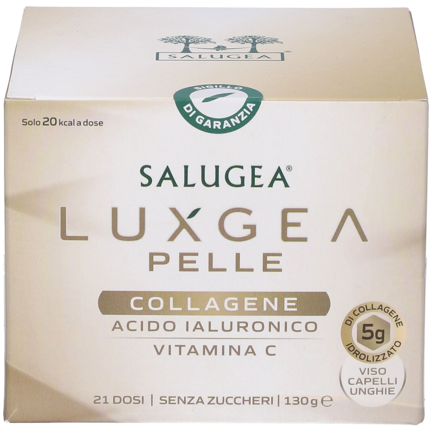 Fronte scatola Salugea Luxgea Pelle. Scritto: Collagene, Acido Ialuronico, Vitamina C. 21 dosi, senza zuccheri, 130g.