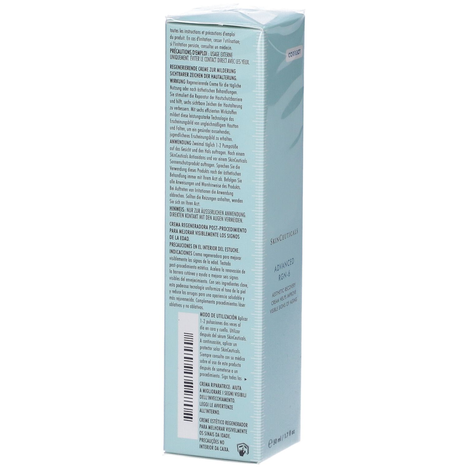 Retro della scatola azzurra. Testo multilingue. SkinCeuticals Advanced RGN-6. Informazioni sull'uso e sugli ingredienti.