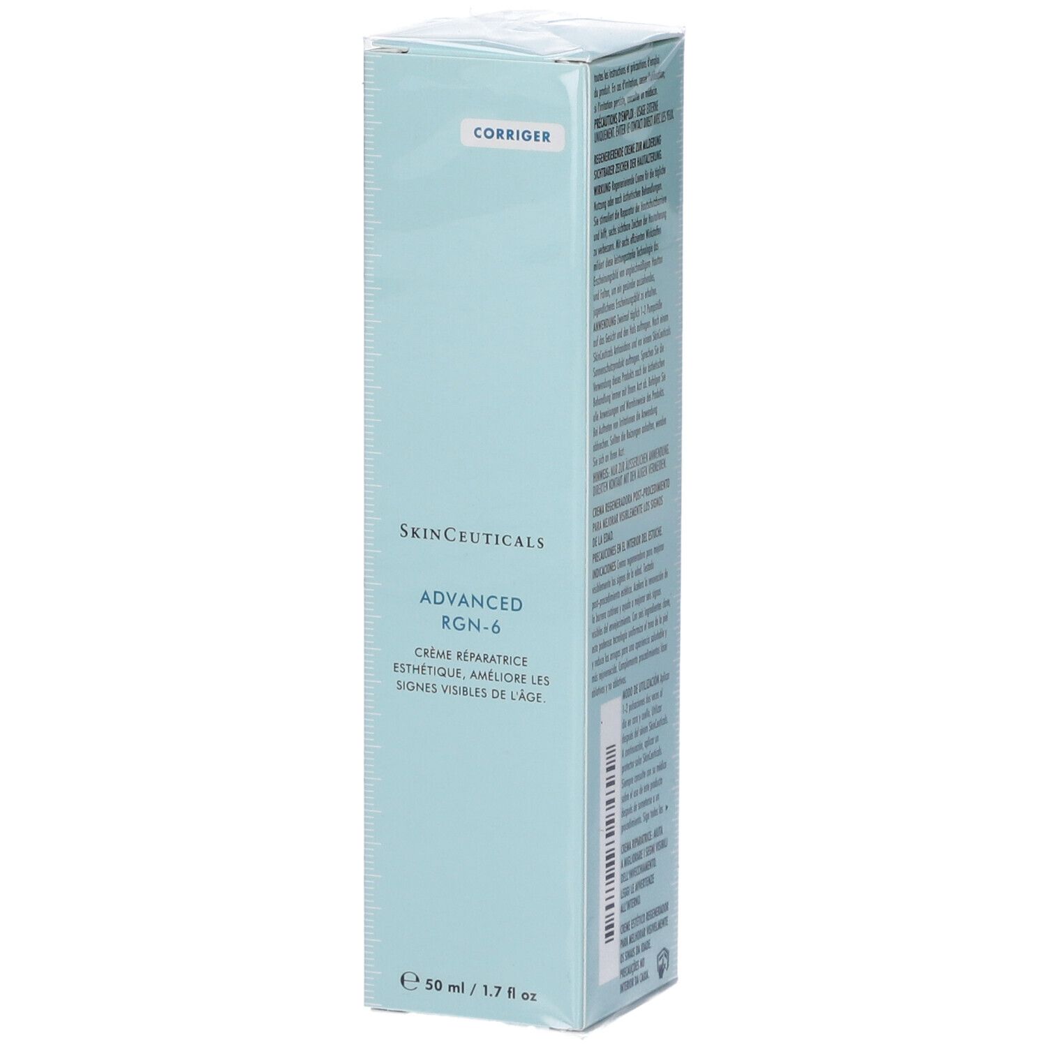 Scatola azzurra con informazioni sul prodotto. Scritto: SkinCeuticals Advanced RGN-6. Crema riparatrice estetica.