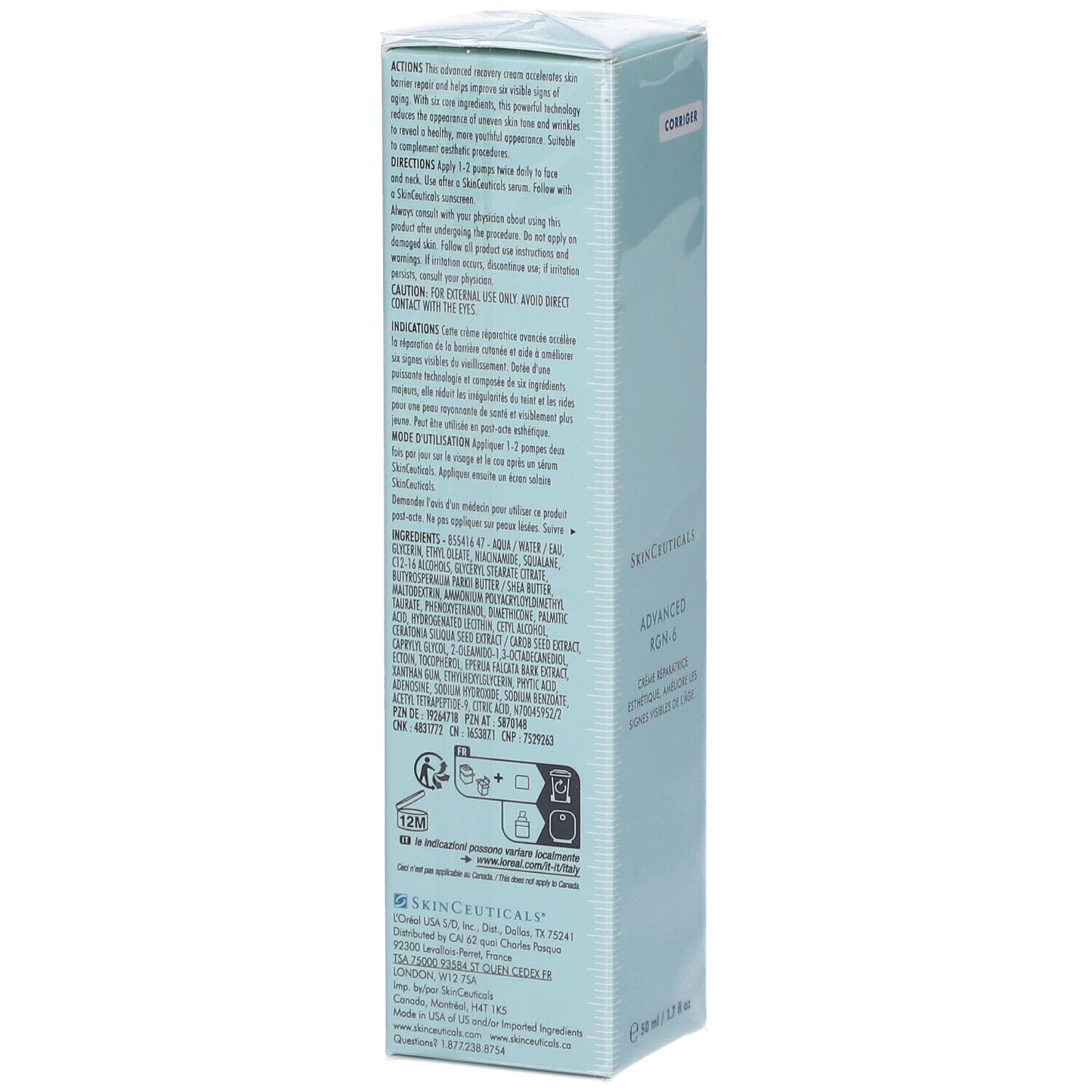 Retro della scatola azzurra. Testo multilingue. SkinCeuticals Advanced RGN-6. Informazioni sull'uso e sugli ingredienti.