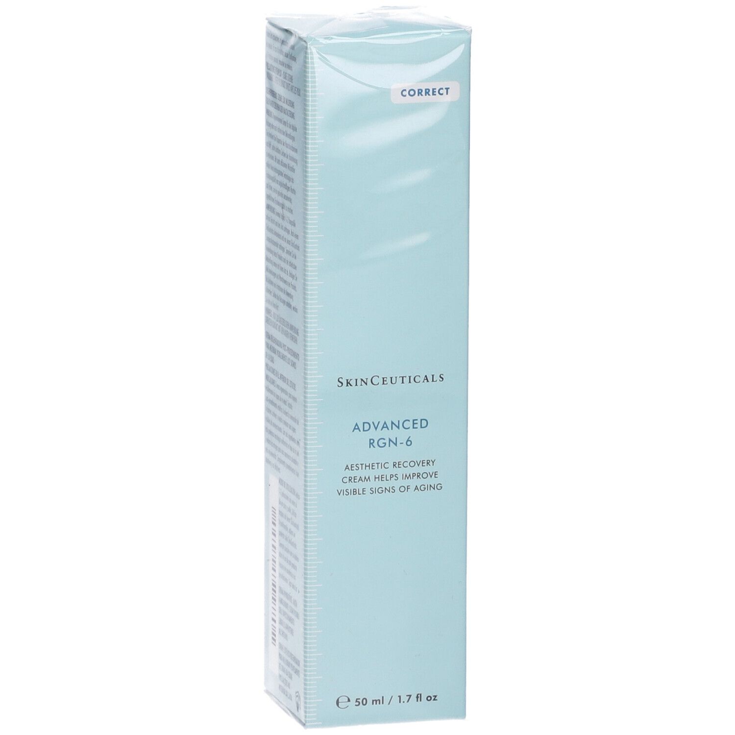 Scatola azzurra con informazioni sul prodotto. Scritto: SkinCeuticals Advanced RGN-6. Crema estetica per migliorare i segni dell'invecchiamento.