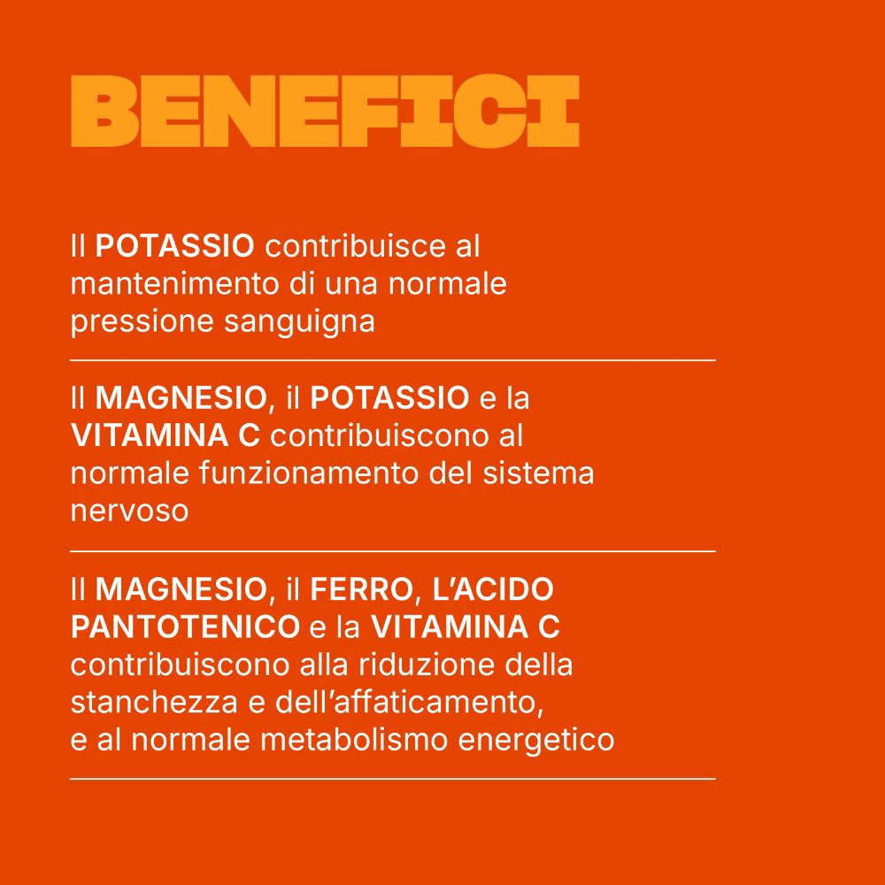 Sfondo arancione con testo: Benefici. Magnesio, potassio e vitamina C riducono la stanchezza.