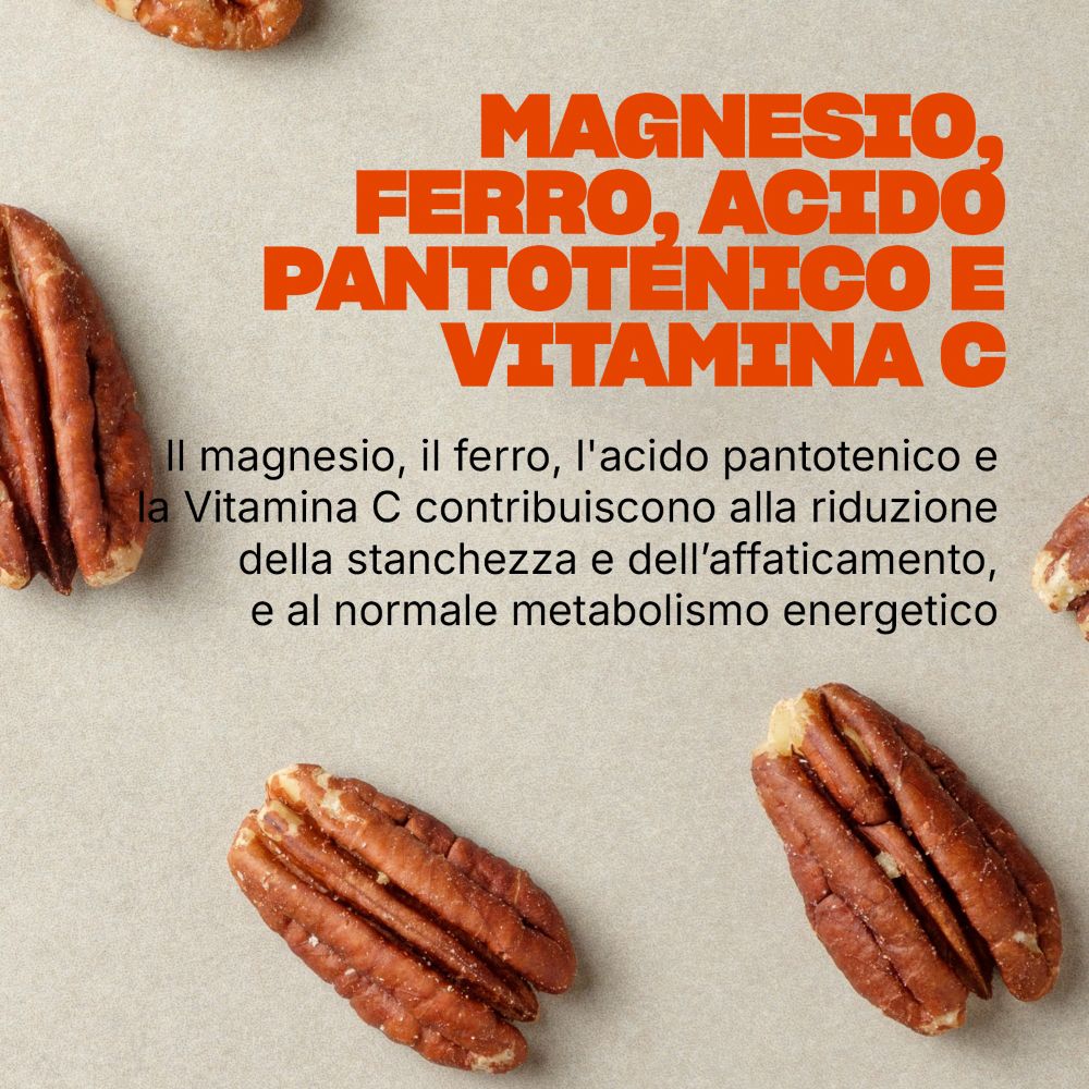 Sfondo arancione con testo: Magnesio, ferro, acido pantotenico e vitamina C. Noci pecan.