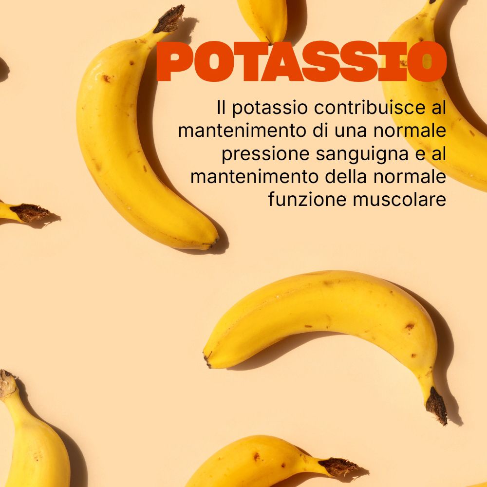 Sfondo giallo con testo: Potassio. Banane.
