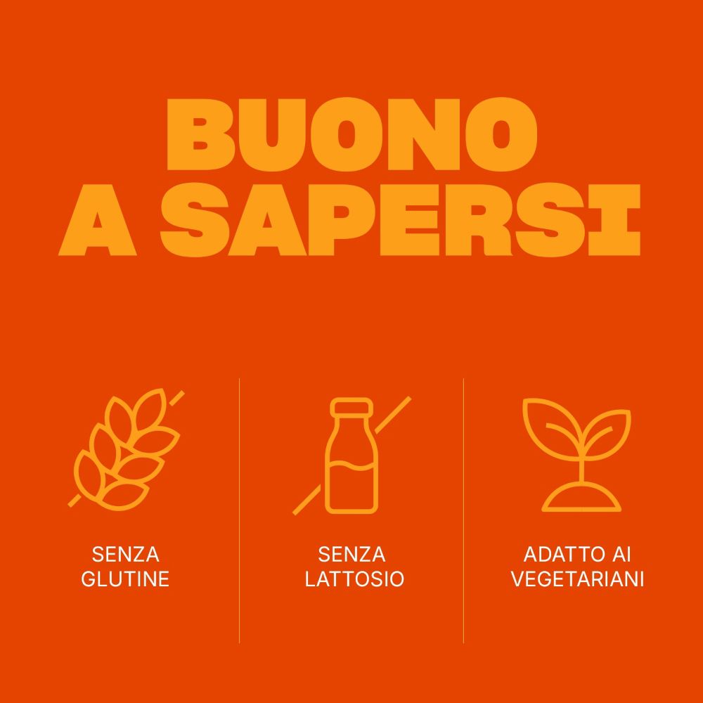 Sfondo arancione con testo: Senza glutine, senza lattosio, adatto ai vegetariani.