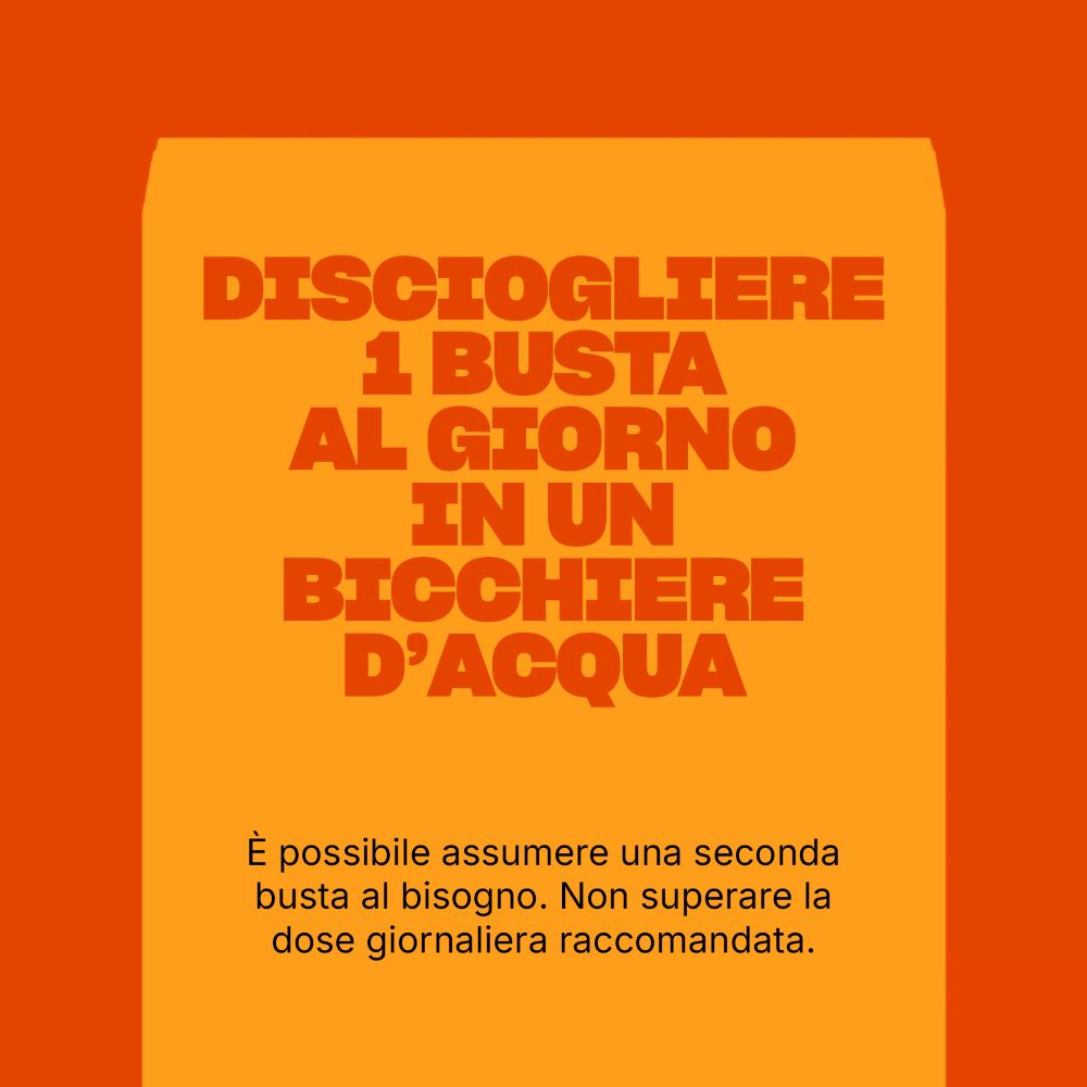 Sfondo arancione con testo: Sciogliere 1 bustina al giorno in un bicchiere d'acqua.