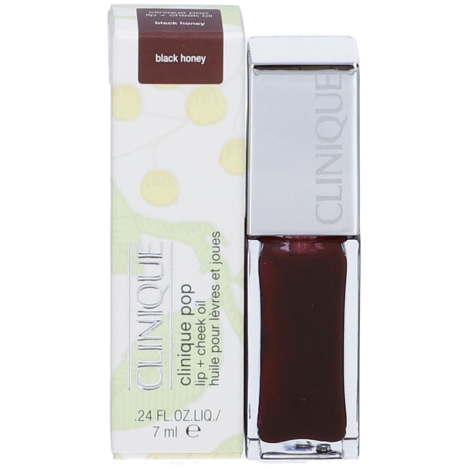 Clinique Pop olio labbra + guance. Black Honey. Flacone e confezione. 7 ml.