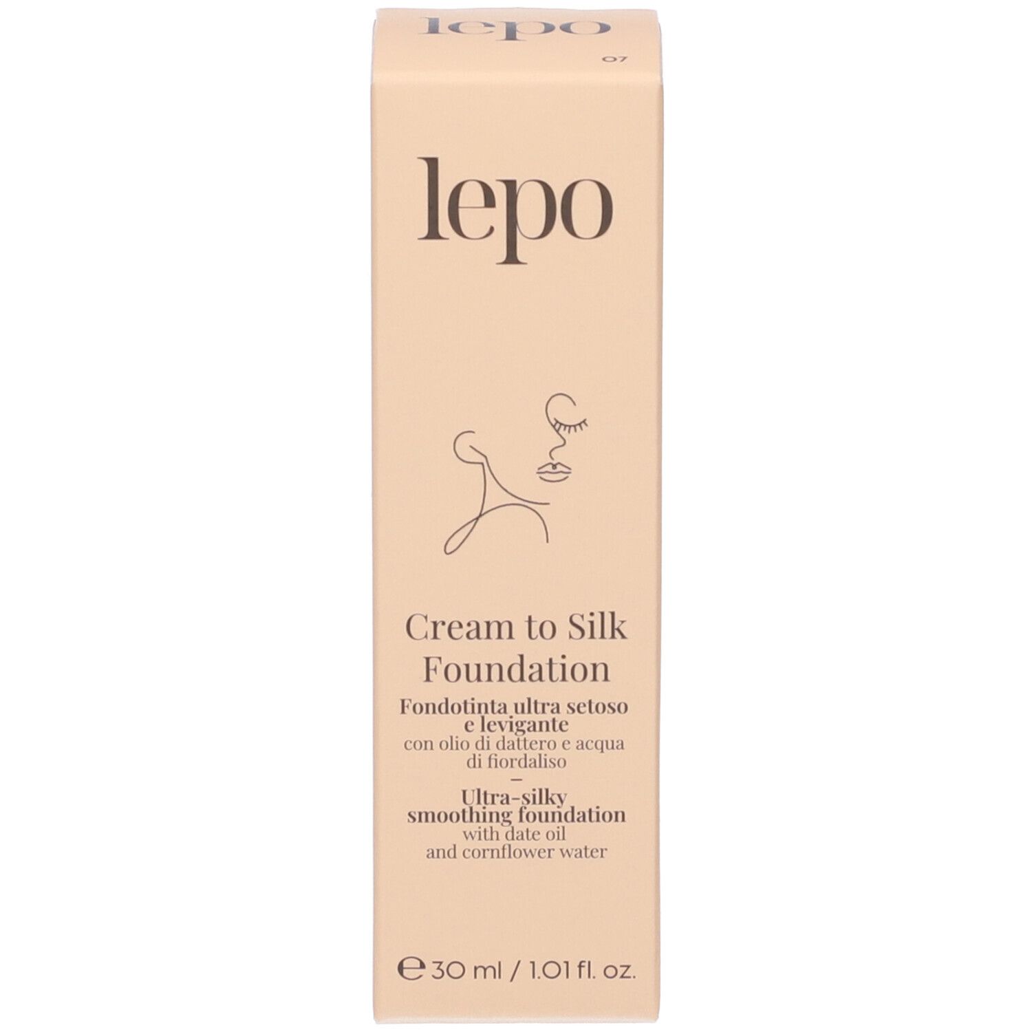 Confezione LEPO Cream to Silk Foundation. Confezione beige con informazioni sul prodotto e illustrazione.