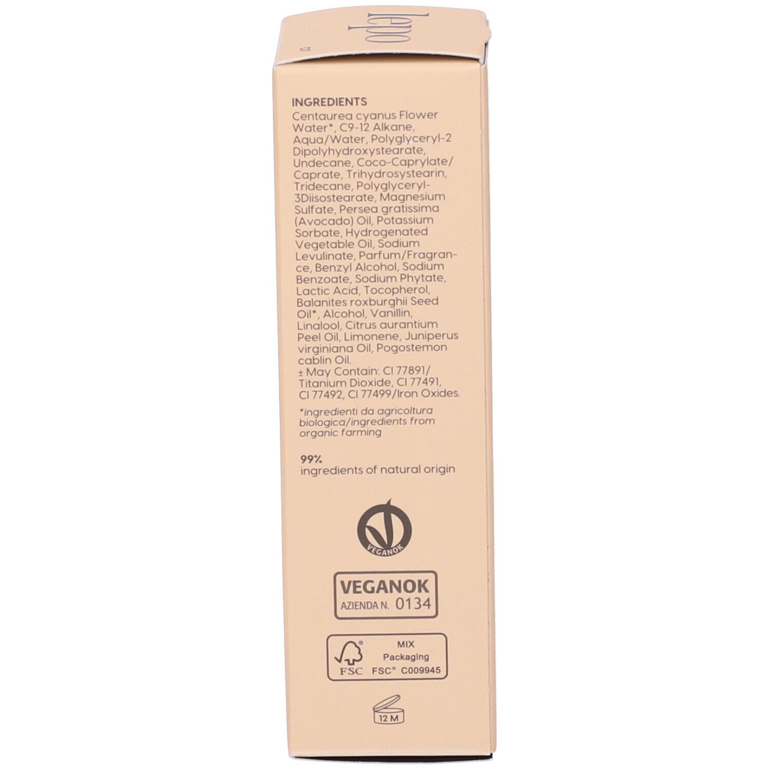 Confezione LEPO Cream to Silk Foundation. Retro con certificazione vegana e simboli di riciclaggio.