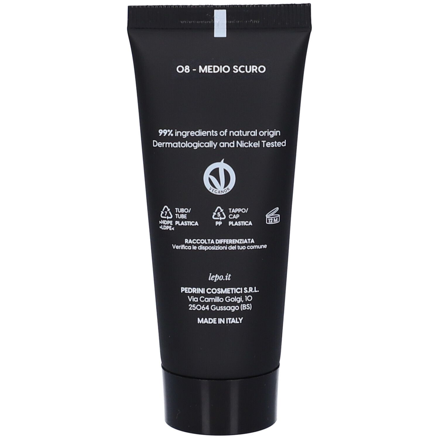 Retro del tubo nero. Scritto: 08 - MEDIO SCURO. Testo: 99% ingredients of natural origin. Logo.