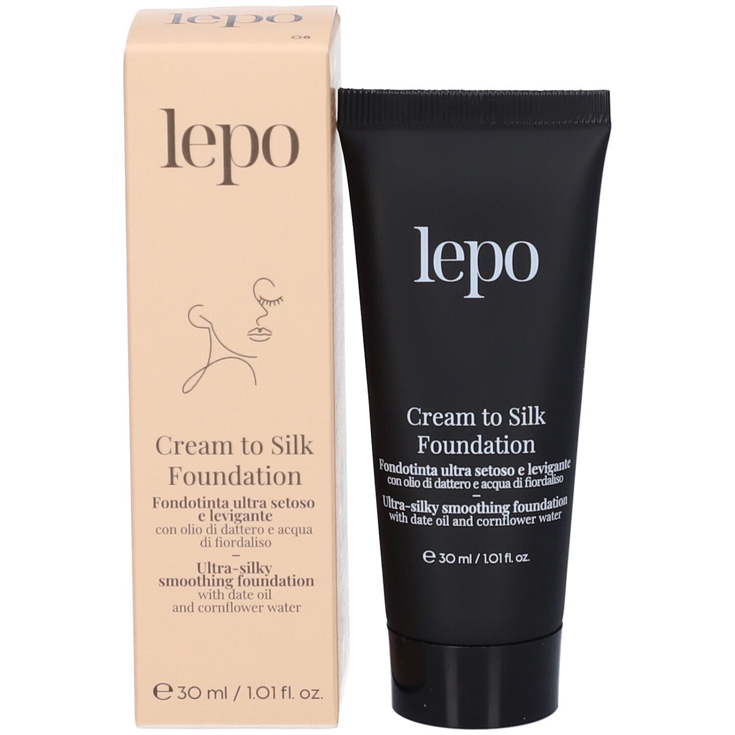 Scatola beige e tubo nero. Scritto: lepo, Cream to Silk Foundation. Testo: Ultra-silky smoothing foundation.