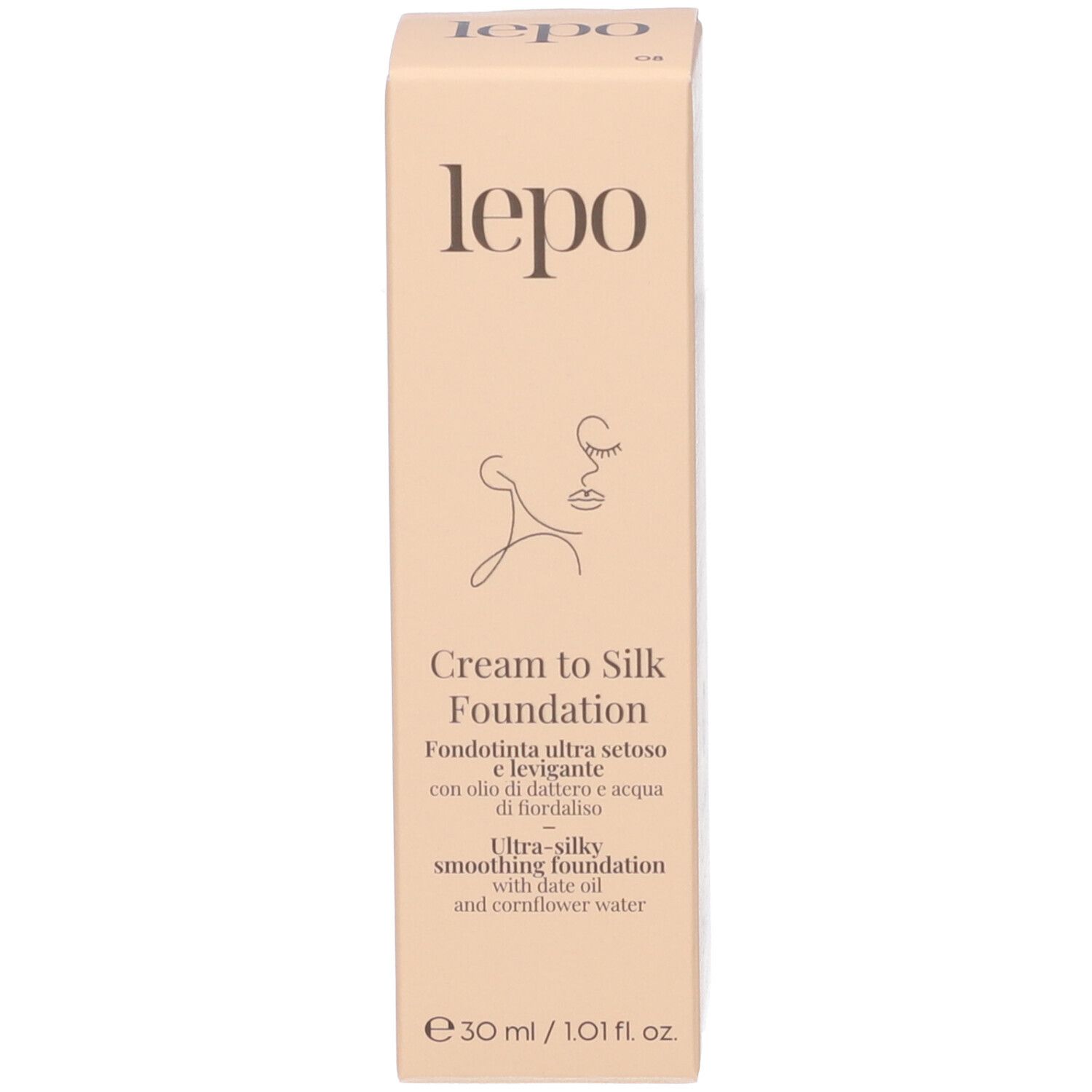 Scatola beige. Scritto: lepo, Cream to Silk Foundation. Testo: Ultra-silky smoothing foundation.