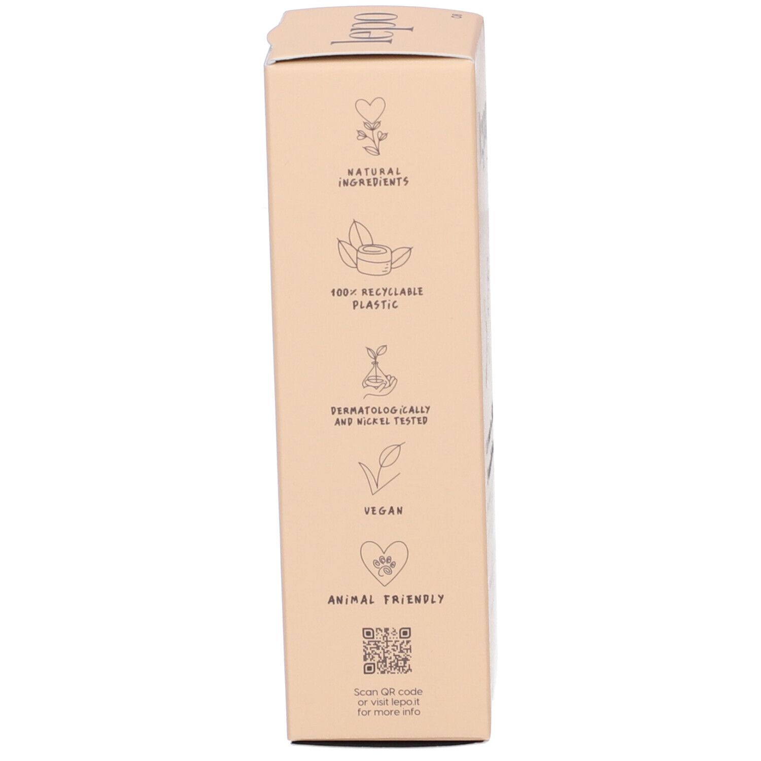 Lato della scatola beige. Loghi: Natural Ingredients, 100% Recyclable Plastic, Dermatologically and Nickel Tested, Vegan, Animal Friendly.