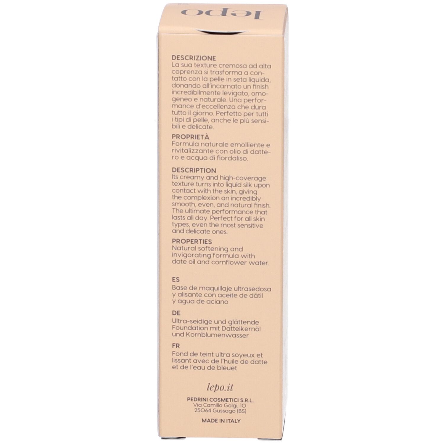 Retro della scatola beige. Testo in tedesco, inglese, francese e italiano. Testo: Descrizione, Properties, etc.