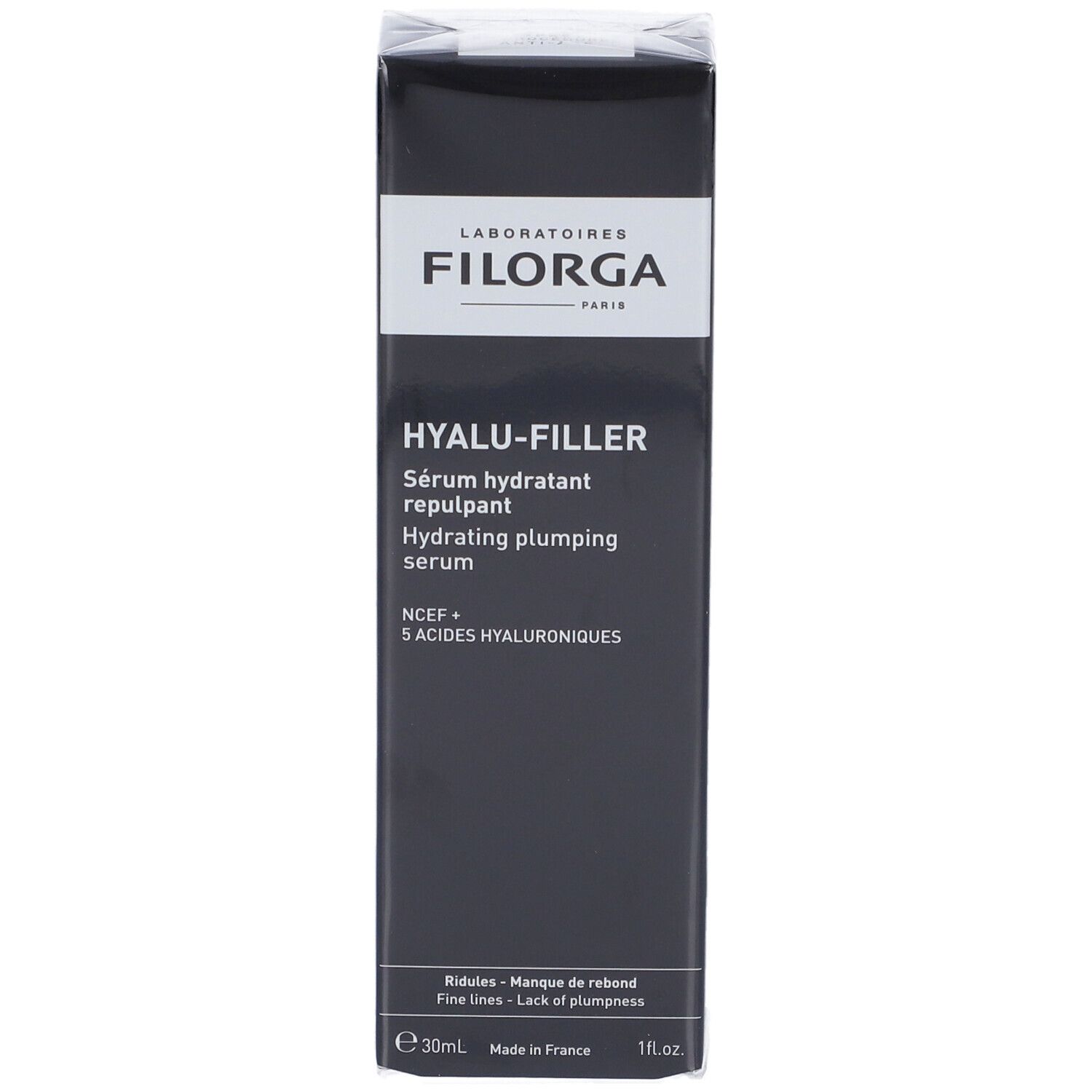 Confezione Filorga Hyalu-Filler. Scatola nera con informazioni sul prodotto. Testo: Hyalu-Filler, Sérum hydratant repulpant.