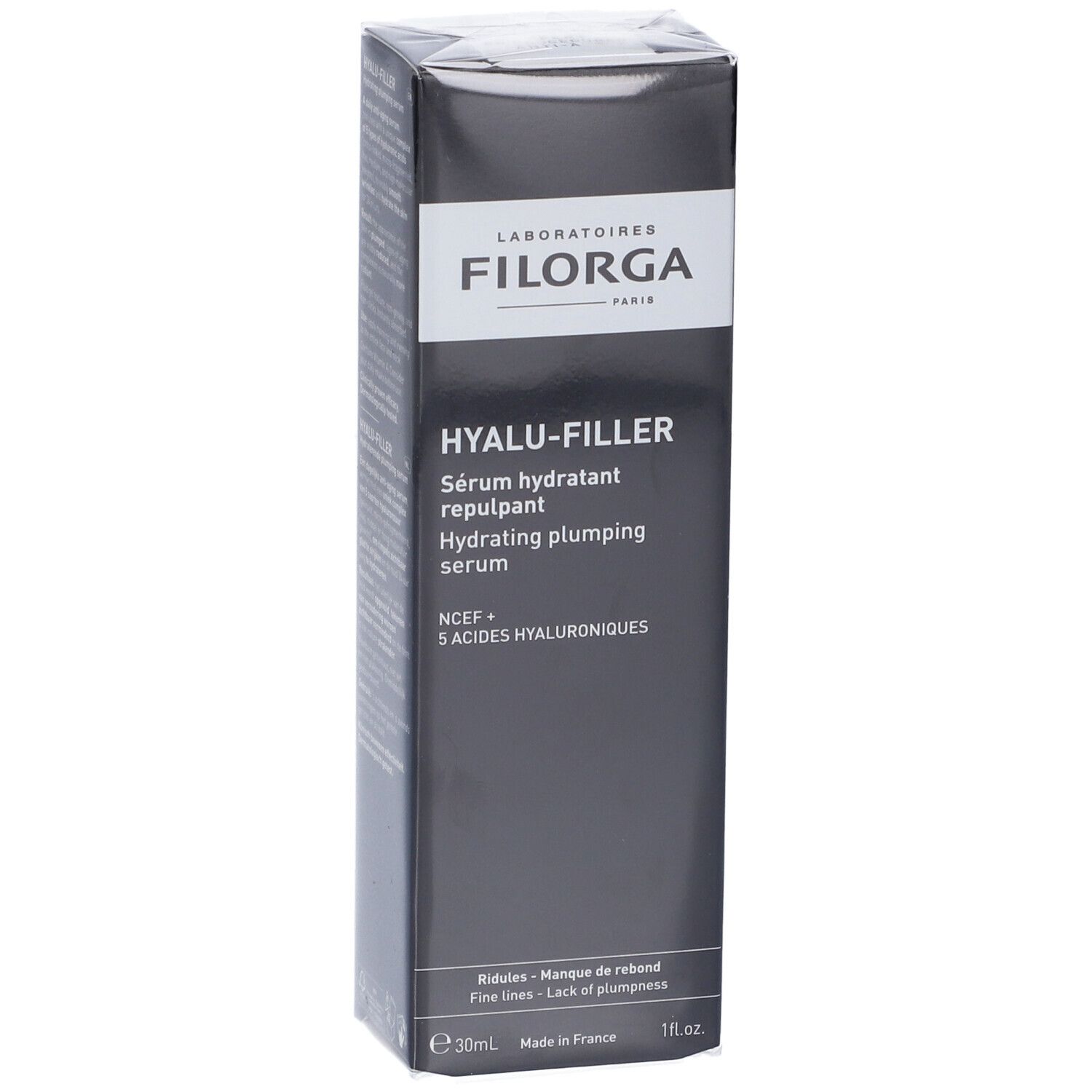 Confezione Filorga Hyalu-Filler. Scatola nera con informazioni sul prodotto. Testo: Hyalu-Filler, Sérum hydratant repulpant.