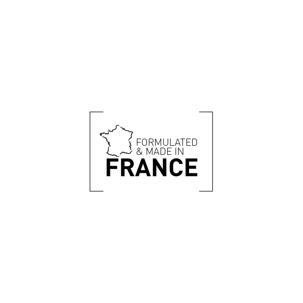 Logo: Formulato e prodotto in Francia. Contorno della Francia in un rettangolo.