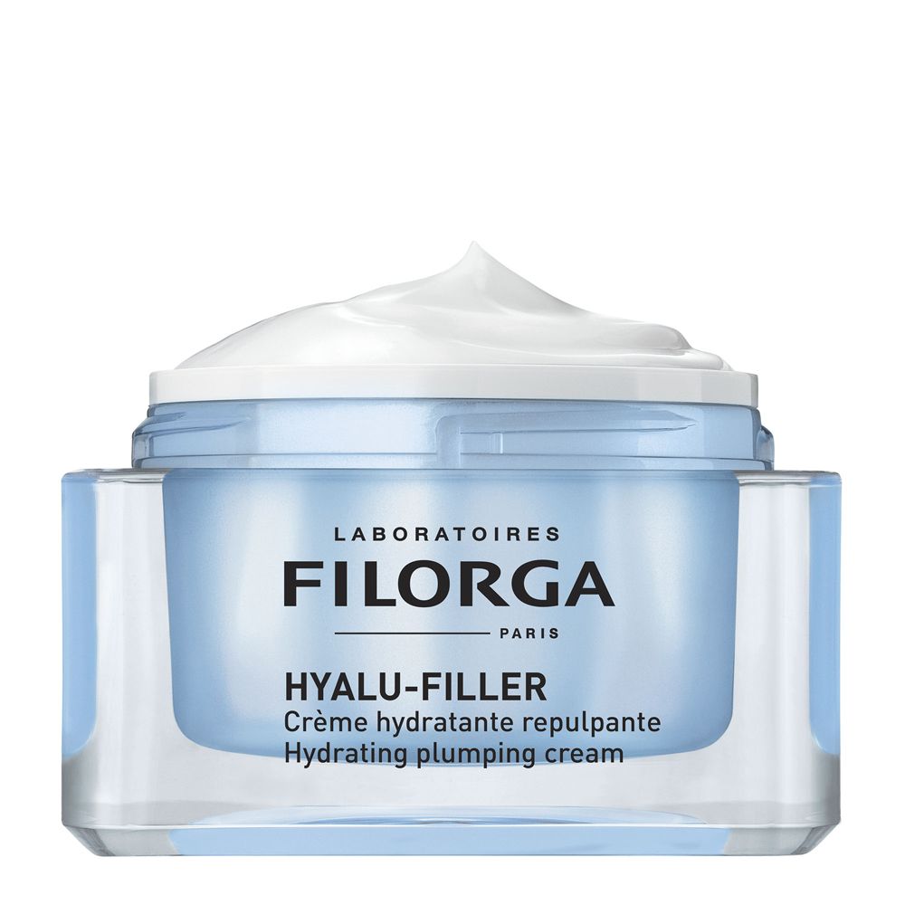 Vaso di crema con crema. Scritte: FILORGA, HYALU-FILLER, Crème hydratante repulpante, Hydrating plumping cream.
