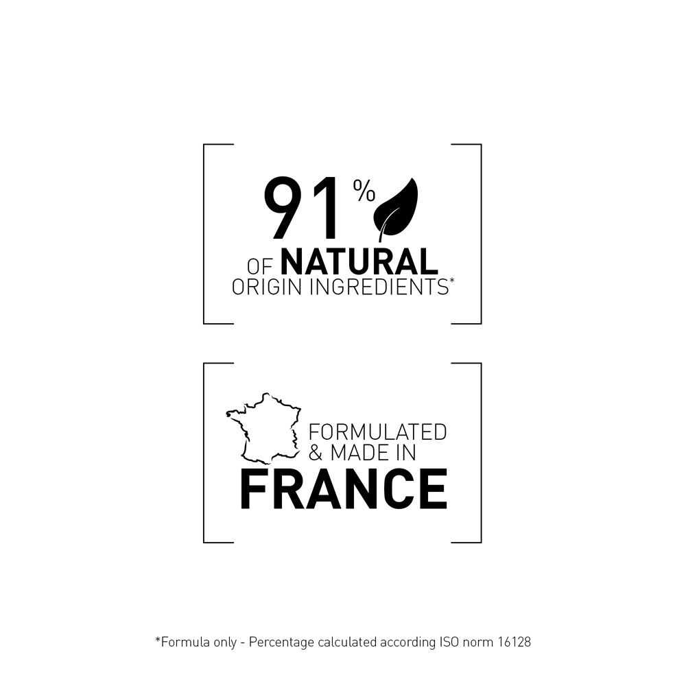Logo con testo: 91% ingredienti di origine naturale. Prodotto in Francia.