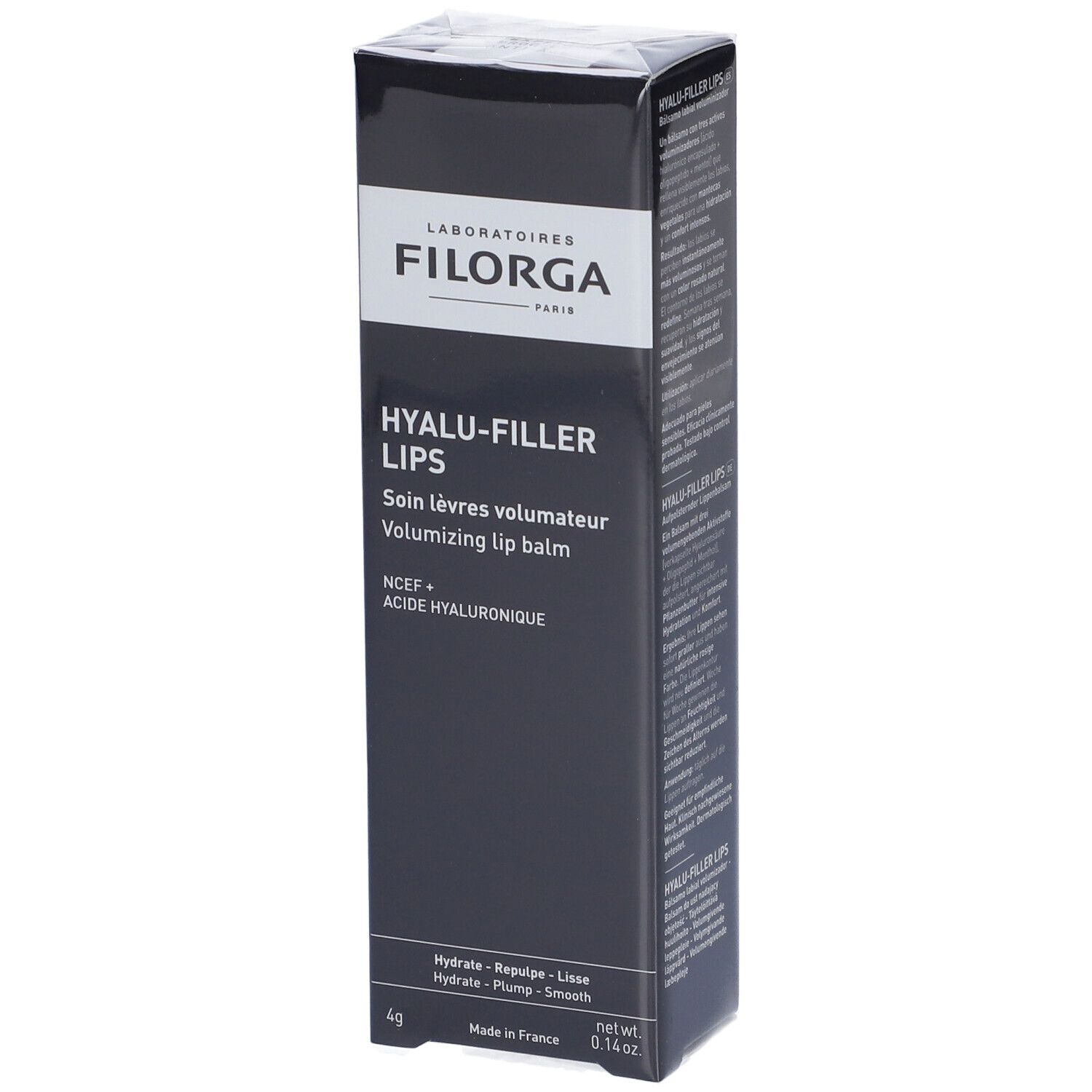 Filorga Hyalu-Filler Lips Balsamo Labbra. Confezione nera con informazioni sul prodotto. Testo bianco.